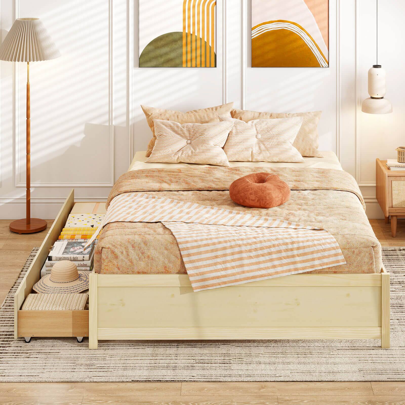 Alt View 8. Costway - Costway Queen Size Wooden Bed Frame with 2 Rolling Storage Drawers Wood Slat Support - Natural.