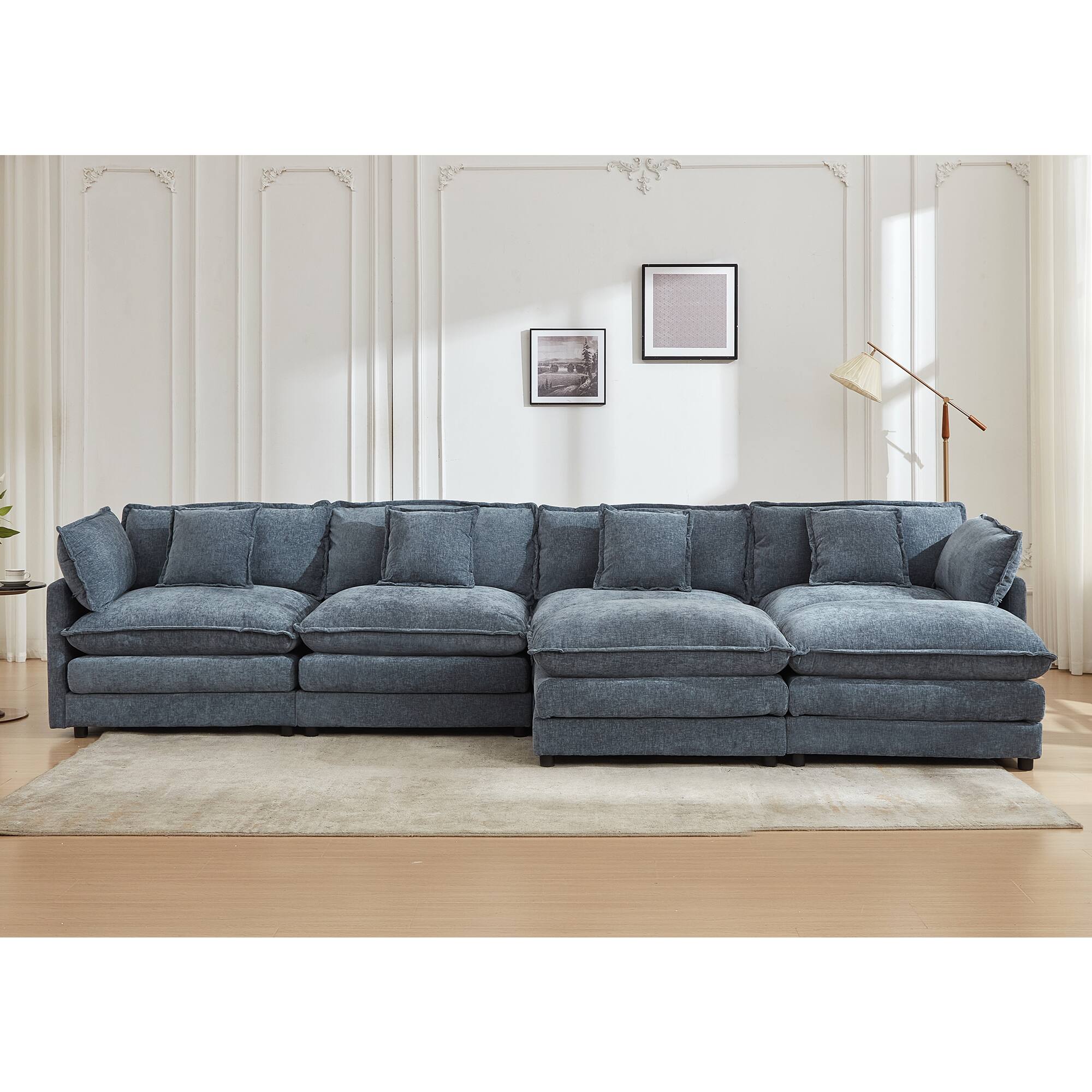 Alt View 4. KERDOM - 149 inch Chenille U-Shape Couch with Pillows, Big Family Deep Seat Modular Sofa with 2 Ottomans, Extra Large with Chaise - Blue.