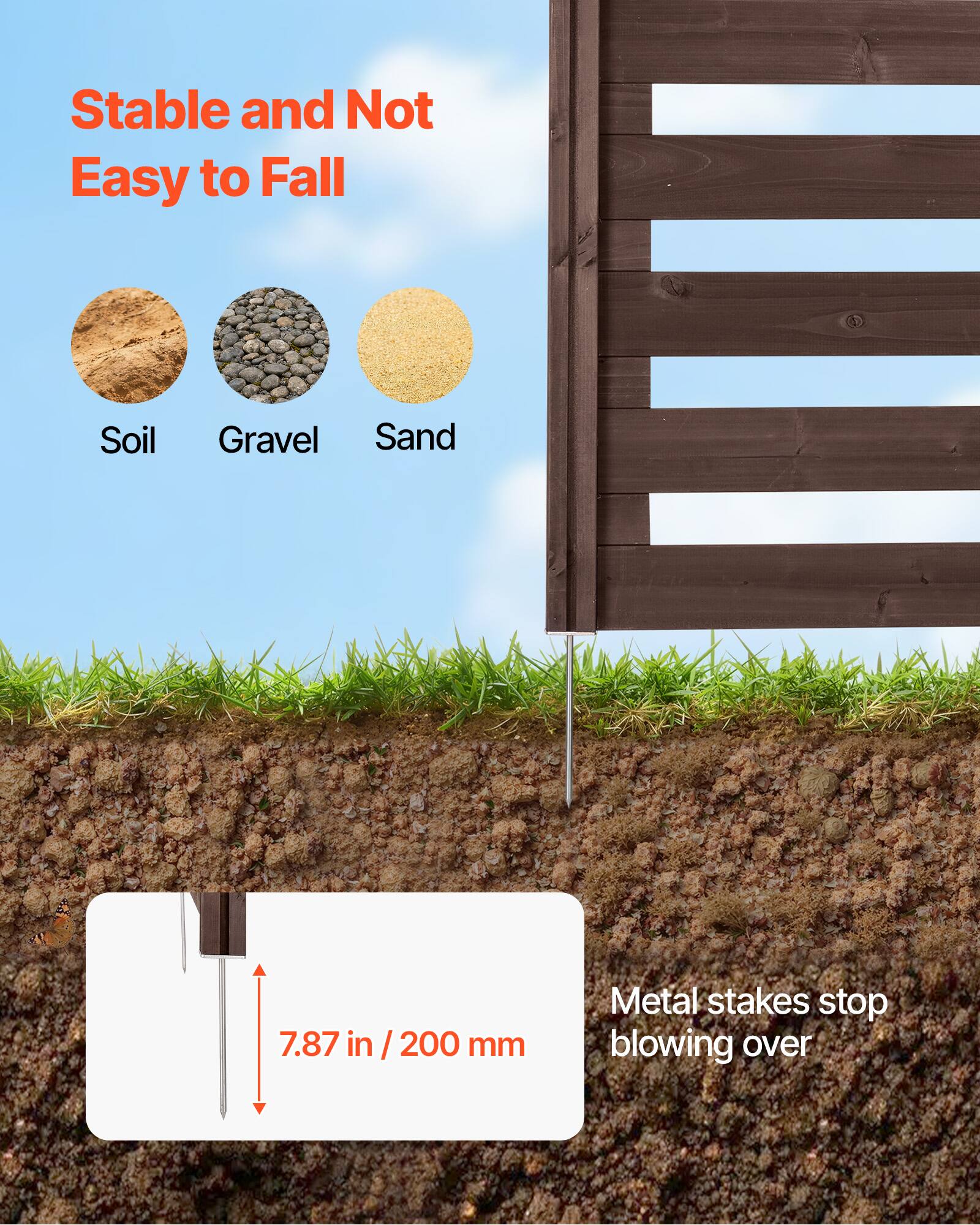 Stable and Not Easy to Fall

Soil Gravel Sand

7.87 in / 200 mm

Metal stakes stop blowing over