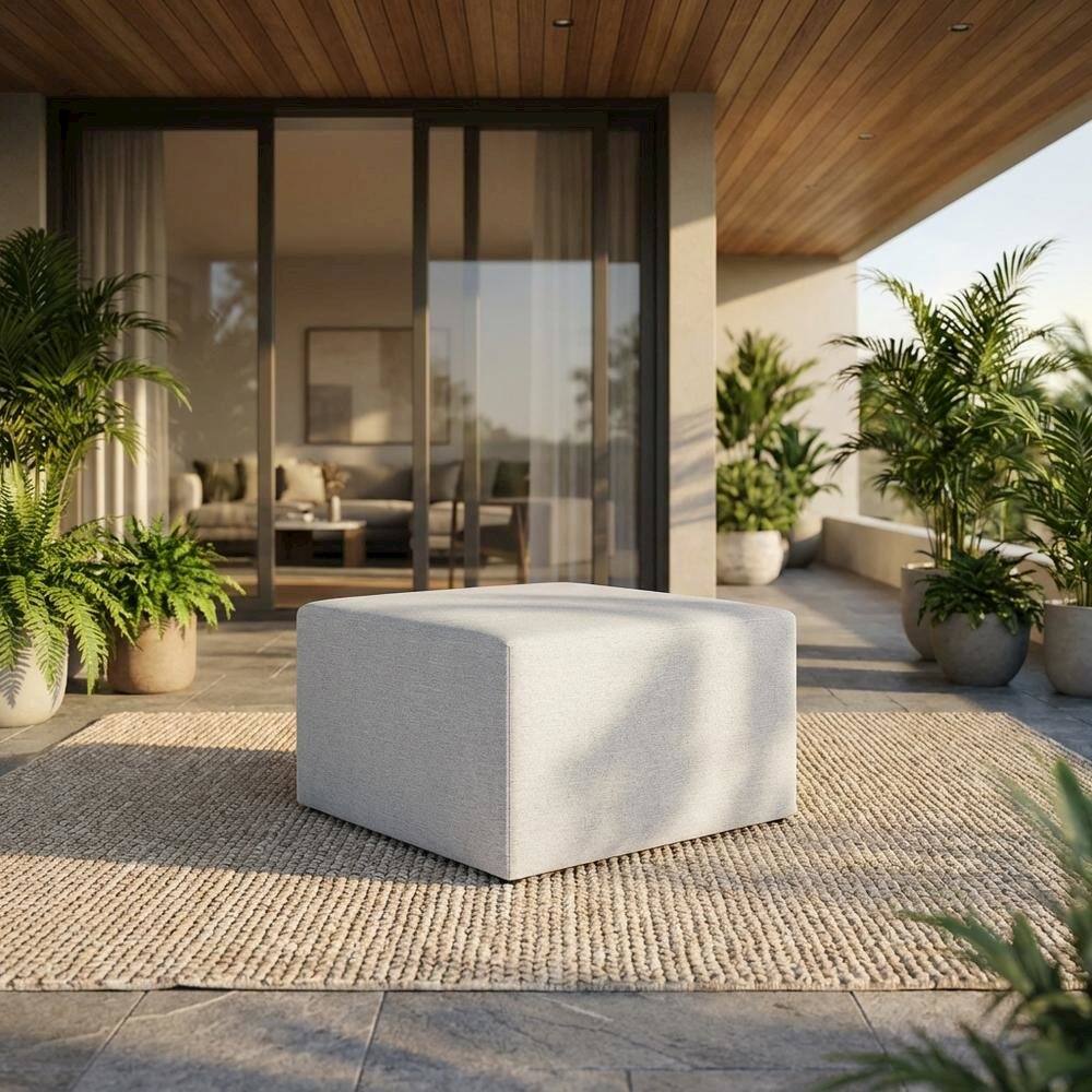 Angle. Outdoor Escape - Square woven fabric ottoman with cushioned top, outdoor durable design - Gray.