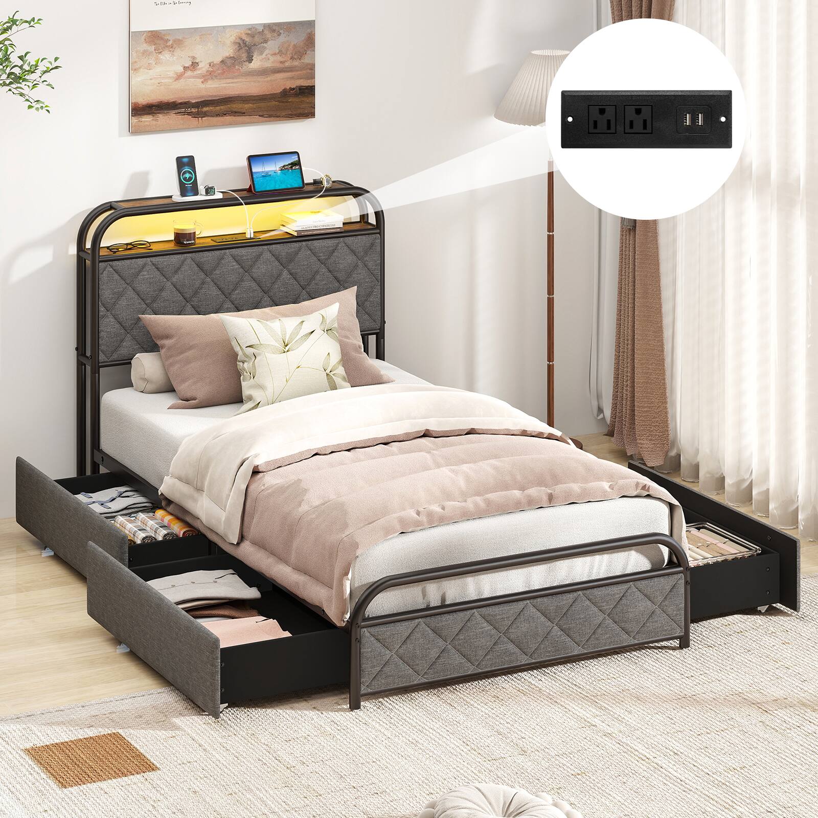 Angle. LUCKY ONE - Twin Assembled Platform Bed Frame with LED Lights Charging Station Storage Headboard - Black-Twin.