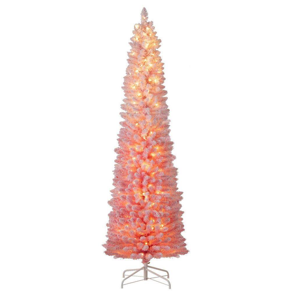 Resenkos - 7-Ft Pre-Lit Snow Flocked Artificial Christmas Tree - Pink