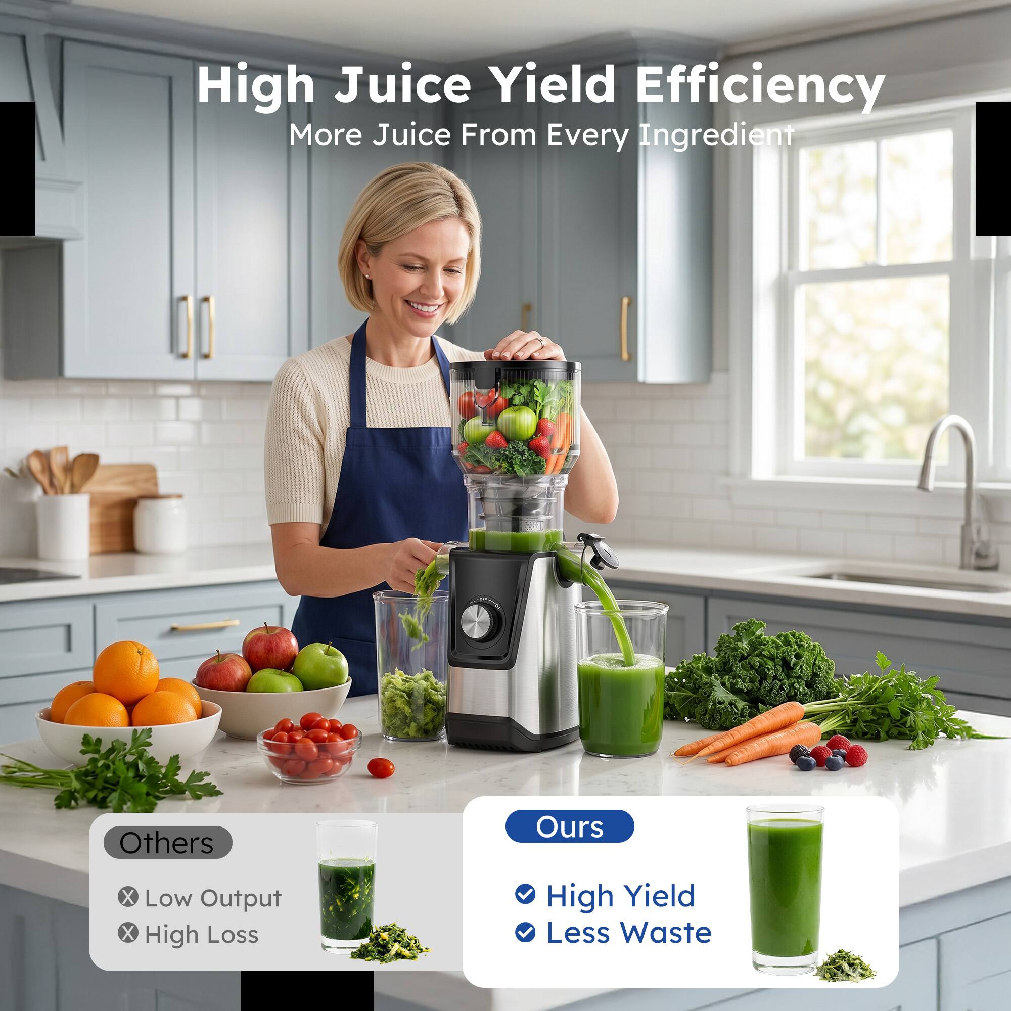 High Juice Yield Efficiency  
More Juice From Every Ingredient  

Others  
- Low Output  
- High Loss  

Ours  
- High Yield  
- Less Waste