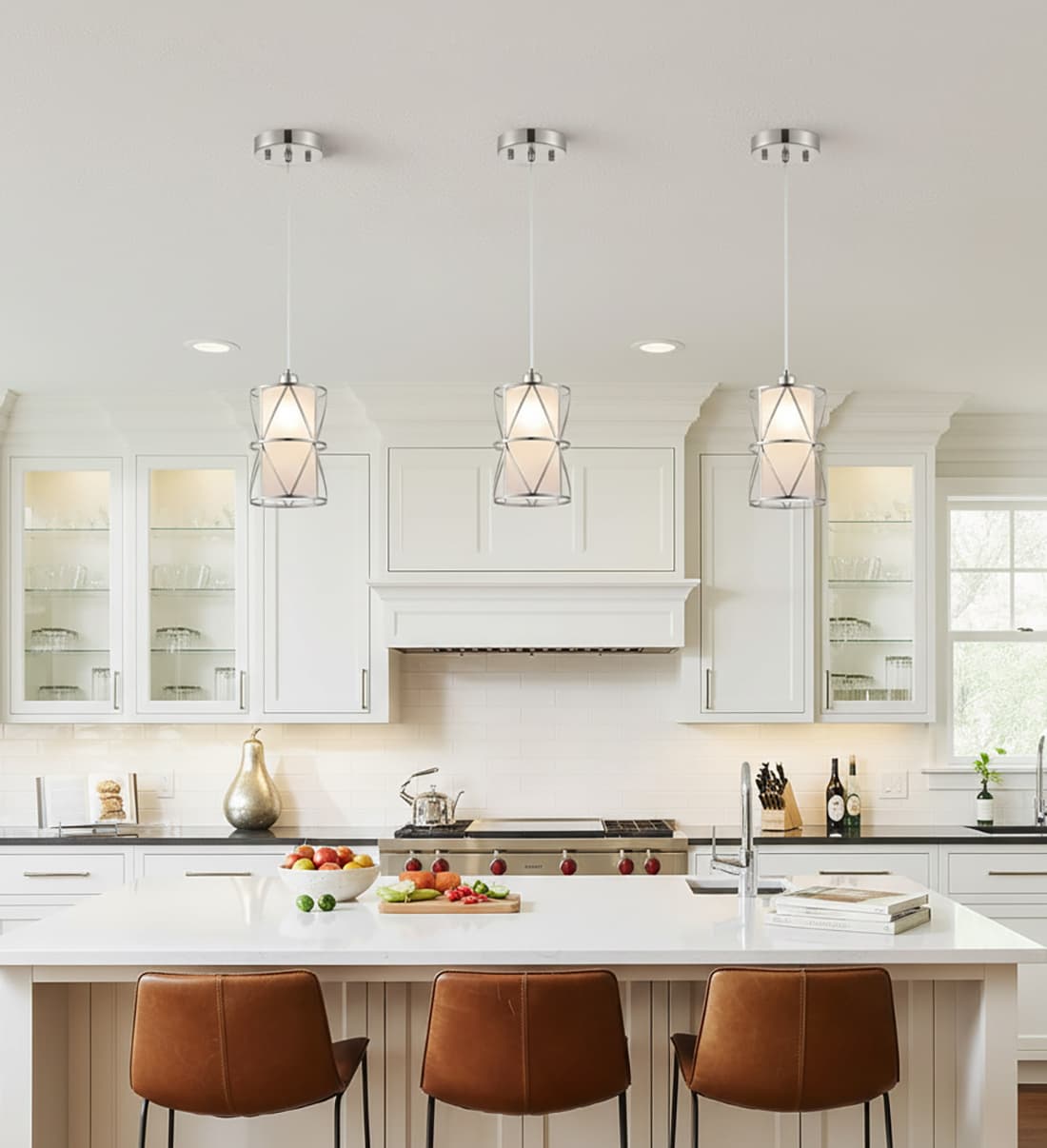 Alt View 3. FINEAK - Modern Brushed Nickel Pendant Light with Frosted Glass - Cylindrical Hanging Fixture.