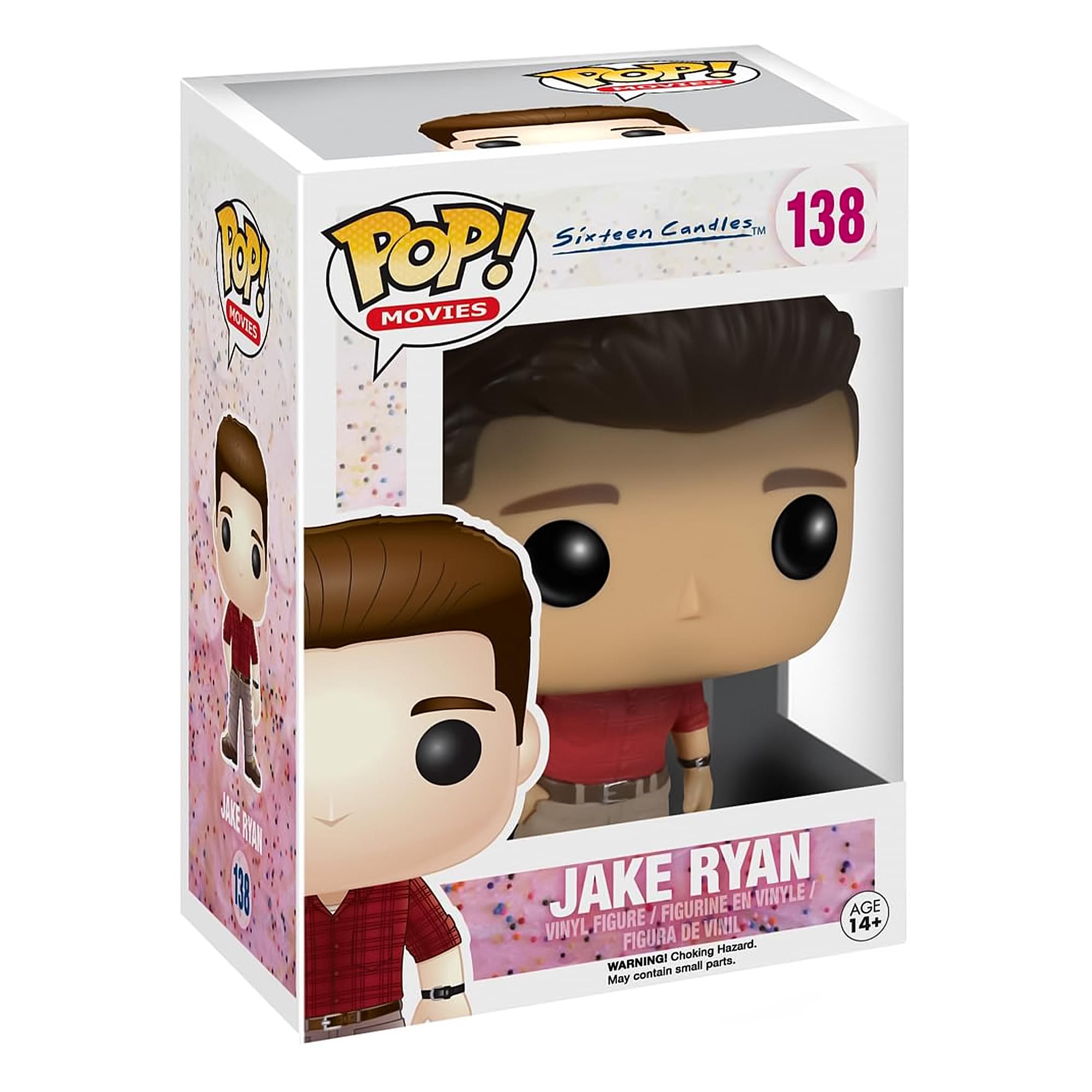 Sure, here is the corrected and grouped text from the image:

---

**POP! MOVIES**

**Sixteen Candles™**

**138**

**JAKE RYAN**

**VINYL FIGURE / FIGURINE EN VINYLE / FIGURA DE VINIL**

**AGE 14+**

**WARNING! Choking Hazard. Small parts. May contain small parts.**

---

This text is taken from the packaging of the Funko Pop! vinyl figure.
