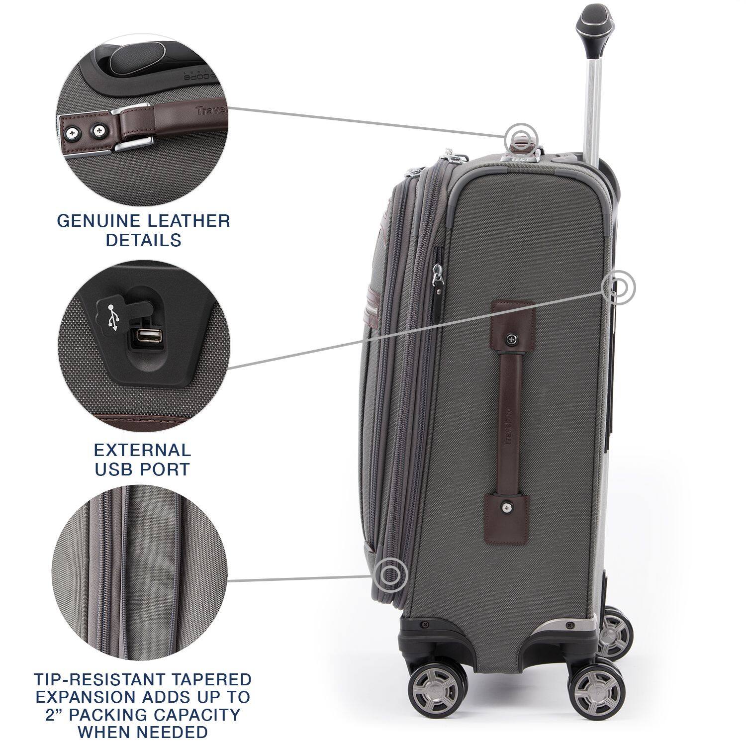 Fee Travs GENUINE LEATHER DETAILS EXTERNAL USB PORT 17890c0 TIP-RESISTANT TAPERED EXPANSION ADDS UP TO 2" PACKING CAPACITY WHEN NEEDED