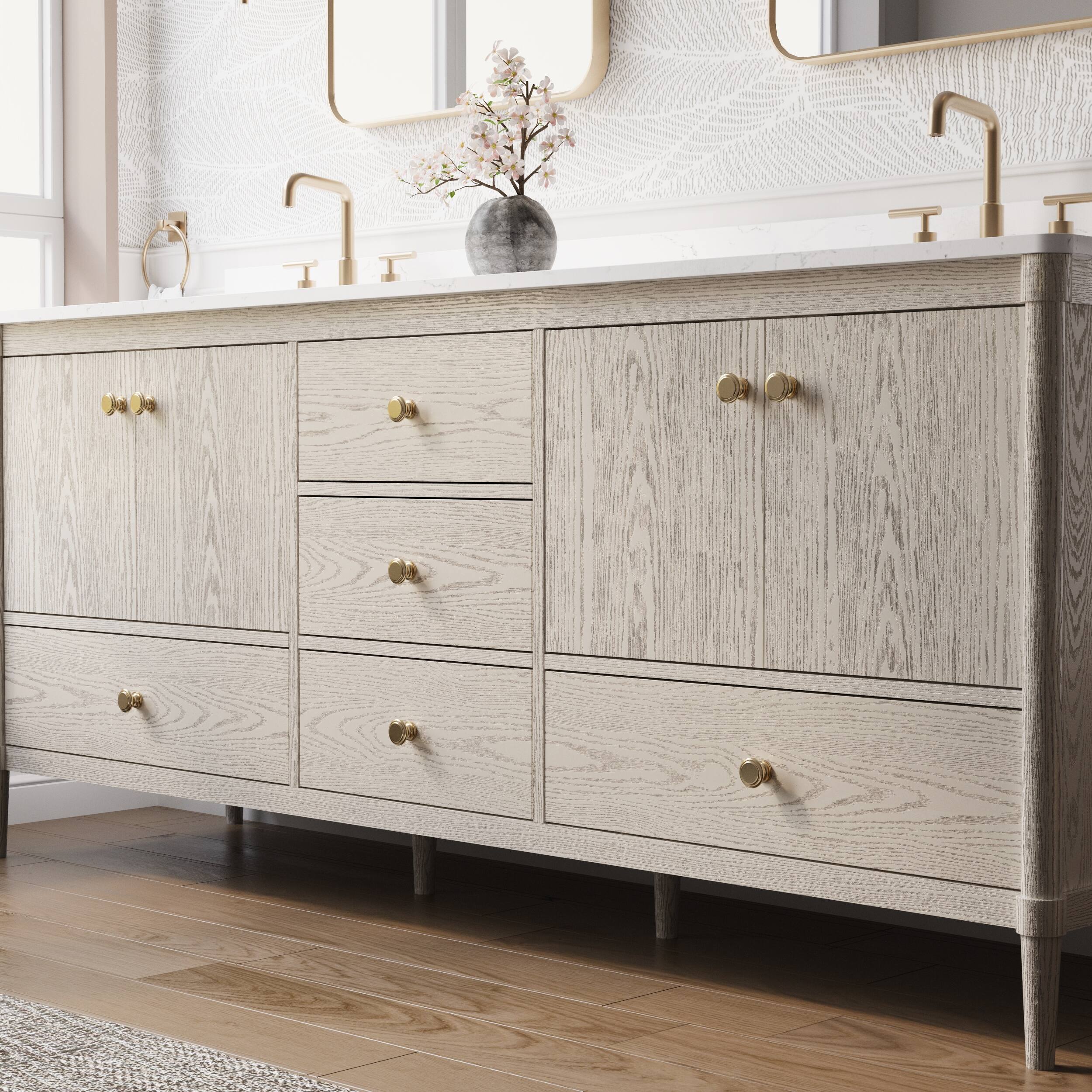 Alt View 1. WELLFOR - ETHAN 80 in. Solid Wood Bath Vanity with Quartz Top, Double Sink, Soft Close, Assembled - OAK.