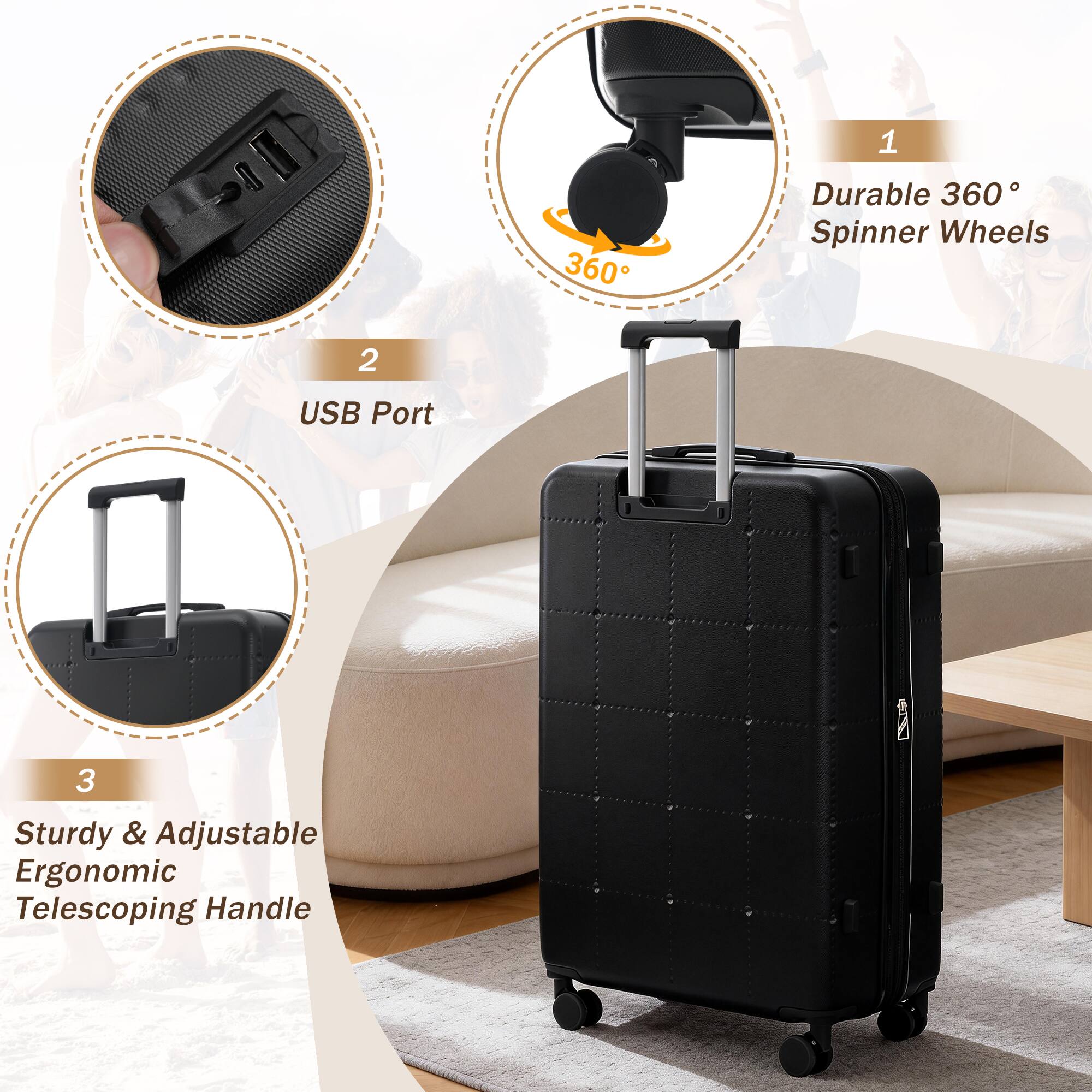 1. Durable 360° Spinner Wheels  
2. USB Port  
3. Sturdy & Adjustable Ergonomic Telescoping Handle