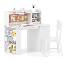 Gymax - Kids Desk & Chair Set w/Chair Hutch 3-Layer Side Shelf Storage Cabinet - White