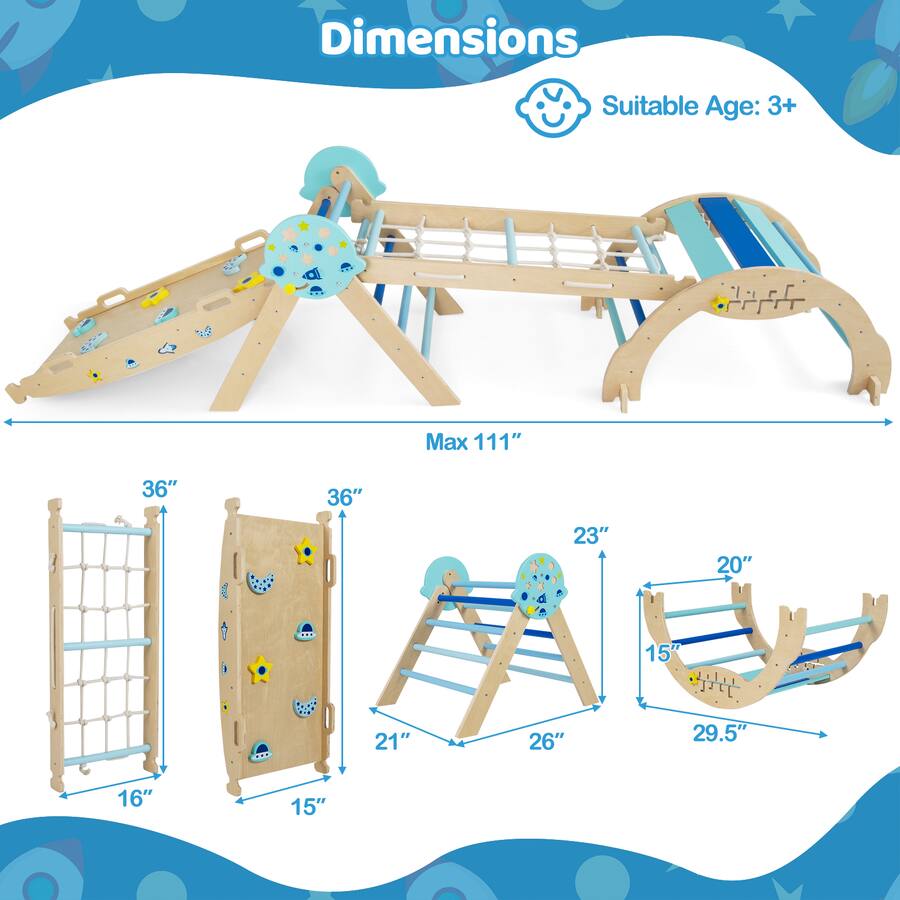 Gymax Spaceman Theme Wooden Montessori Climbing Set w/Arch Ramp ...