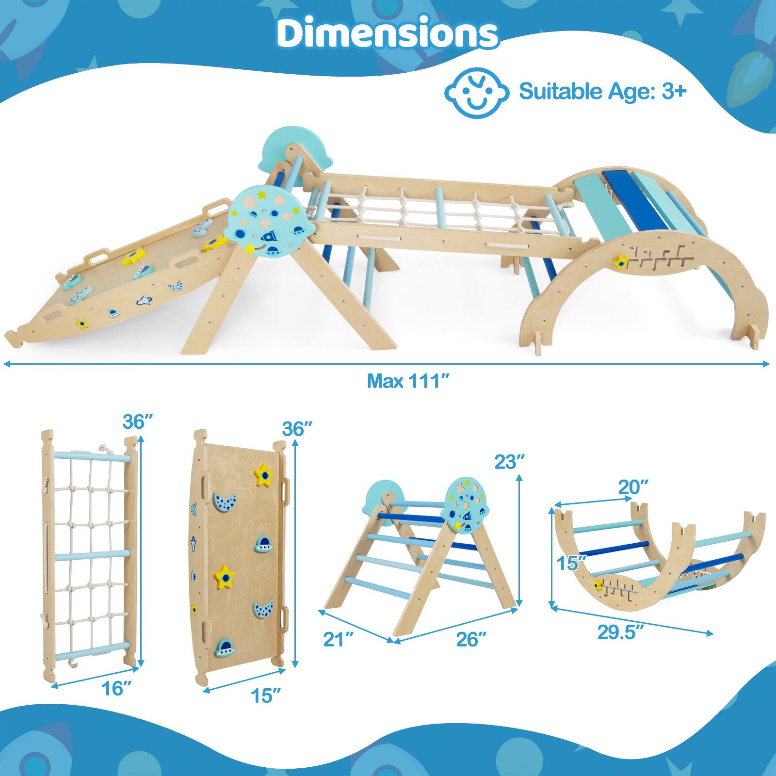 Dimensions  
Suitable Age: 3+  

Max 111"  
36"  
36"  
23"  
20"  
26"  
29.5"  
16"  
15"  
21"