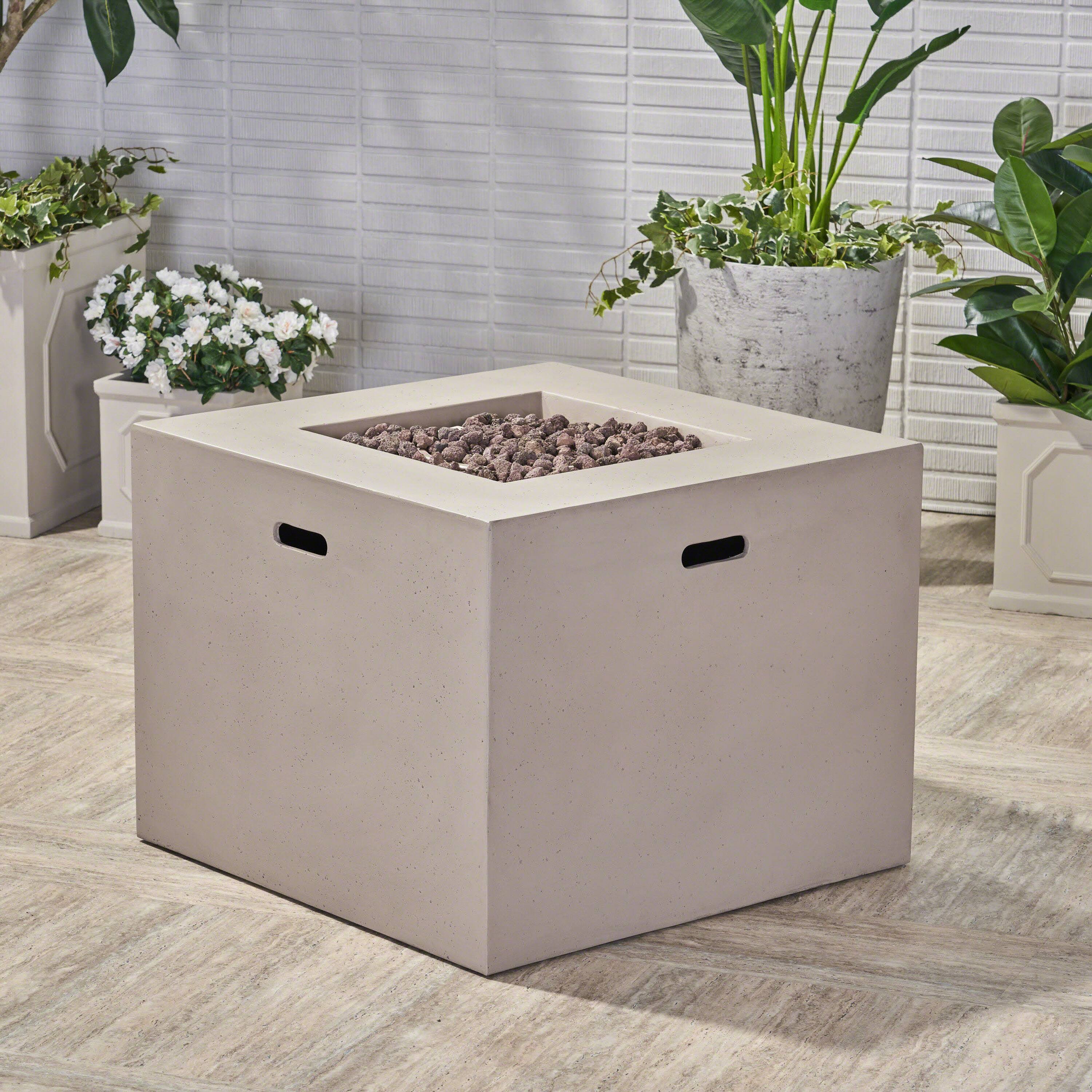 Left. APRILSOUL - AIDAN 31 inch SQUARE FIRE PIT 40000 BTU - LIGHT GREY.