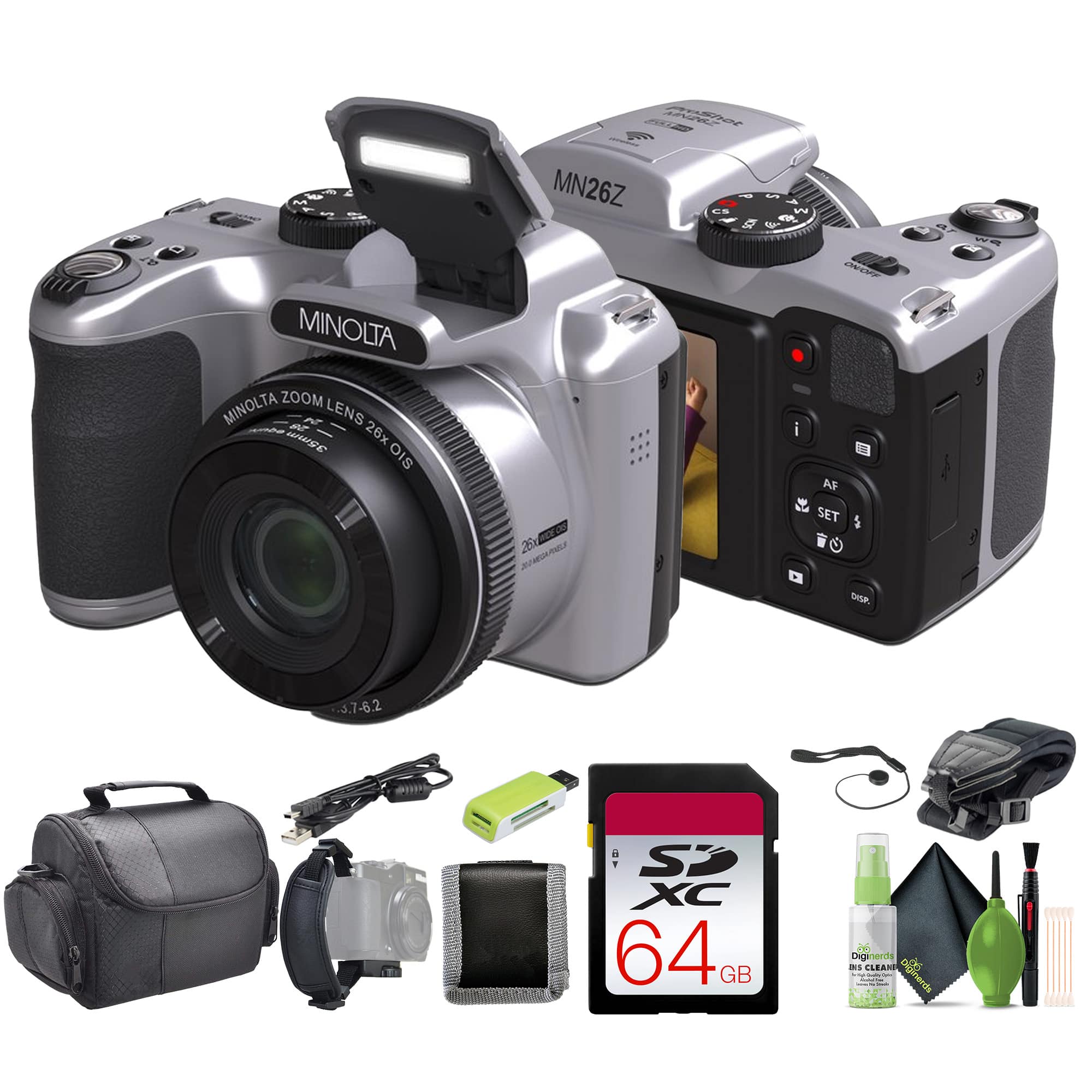 Bundle - Minolta - 20 Mega Pixels 26x Optical Zoom Digital Camera 1080p FHD Video, Silver - Silver