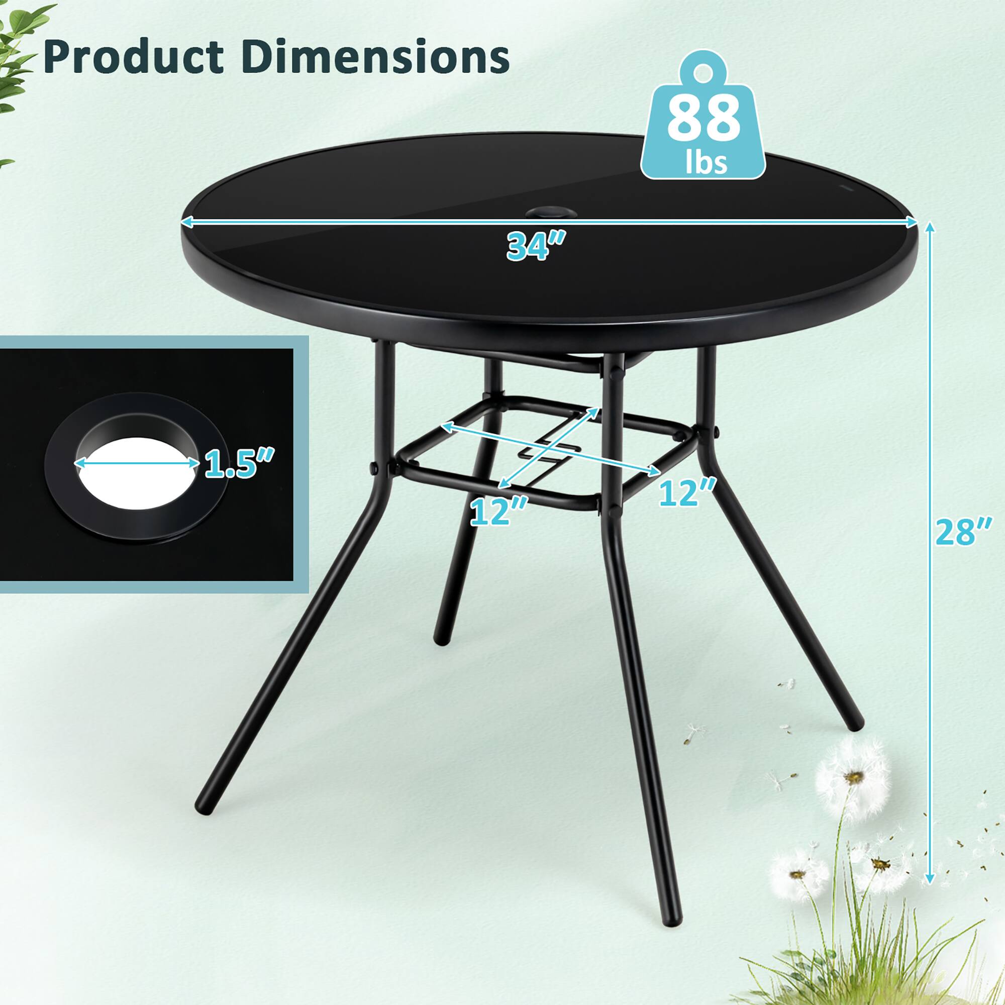 Product Dimensions: 88 lbs, 34" diameter, 1.5" thickness, 12" base width, 28" height.