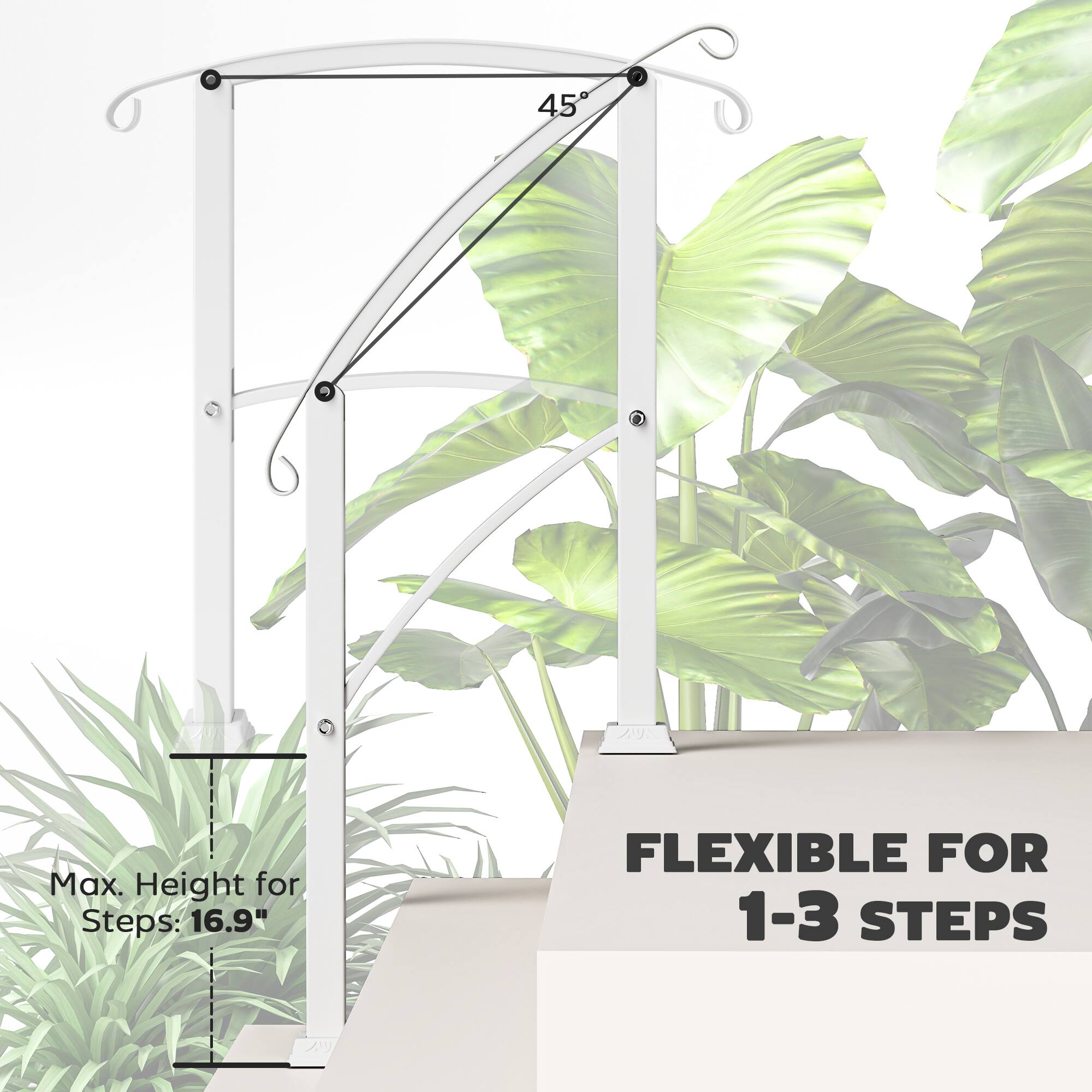45°

Max. Height for Steps: 16.9"

FLEXIBLE FOR 1-3 STEPS