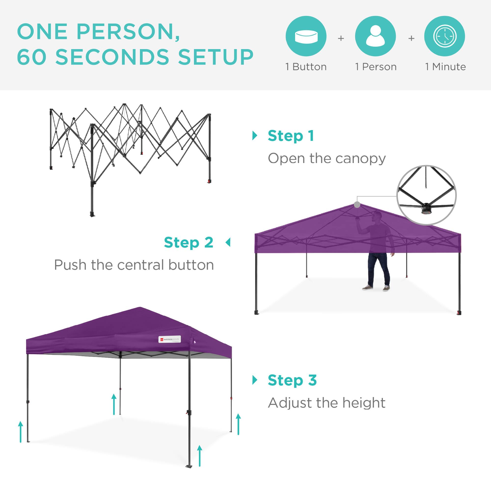ONE PERSON, 60 SECONDS SETUP

1 Button + 1 Person + 1 Minute

Step 1
Open the canopy

Step 2
Push the central button

Step 3
Adjust the height