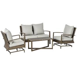 Outsunny - 4 Piece Wicker Patio Furniture Set with 2 Rocking Chairs, Loveseat Sofa, Outdoor PE Rattan Conversation Set - Light Gray