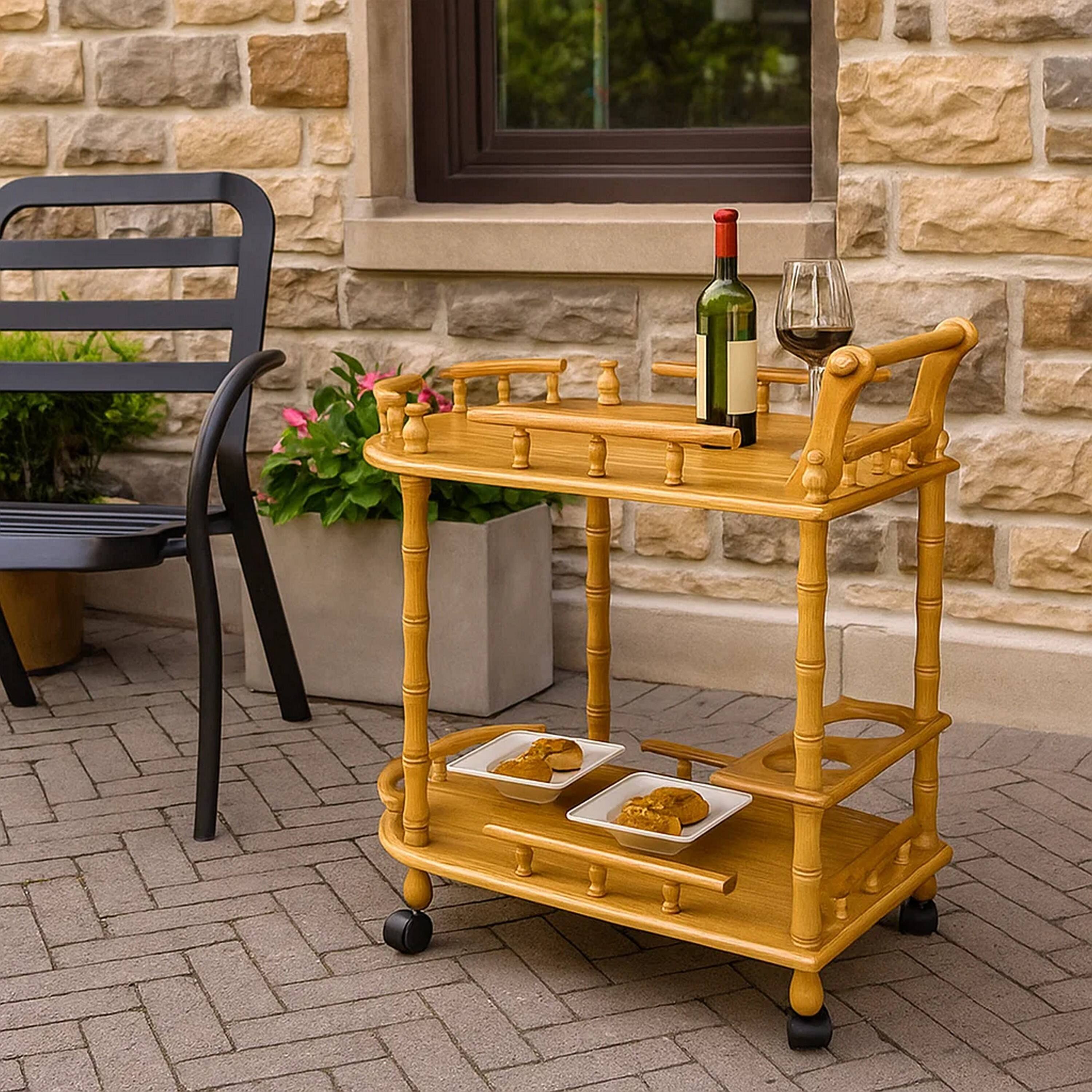 Alt View 3. Manhattan Lane - Casters Supported 2 Tier Wooden Wine Table with Turned legs - Brown.