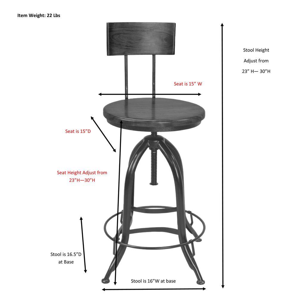 Item Weight: 22 Lbs

Stool Height
Adjust from
23" H- 30"H

Seat is 15" W
Seat is 15" D

Seat Height Adjust from 23"H-30"H

Stool is 16.5" D at Base
Stool is 16" W at base