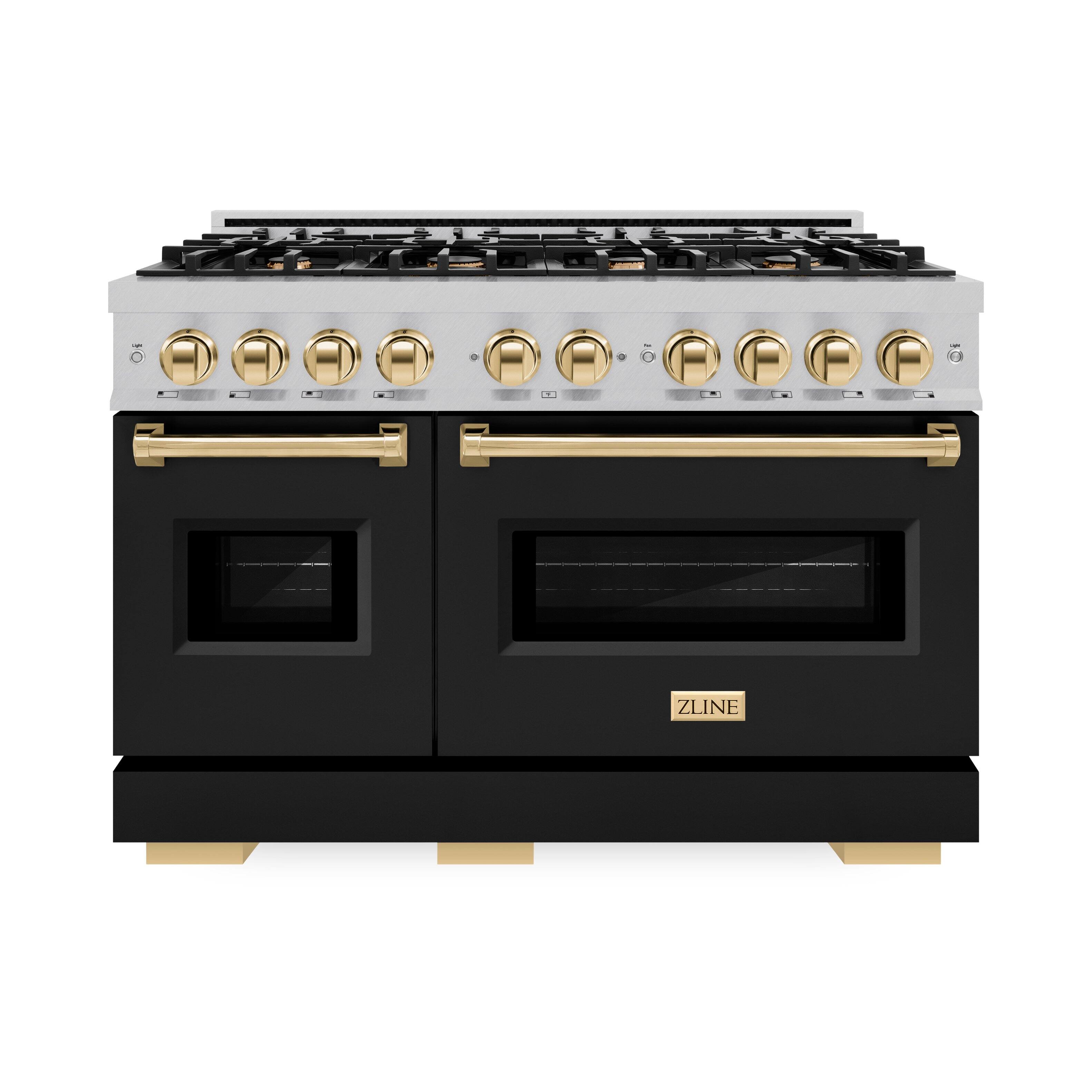 Angle. ZLINE - ZLINE Autograph 48 in. 6.7 cu. ft. Freestanding Classic Satin Steel Gas Range w/ Black Doors & Gold Accents - Black Matte.