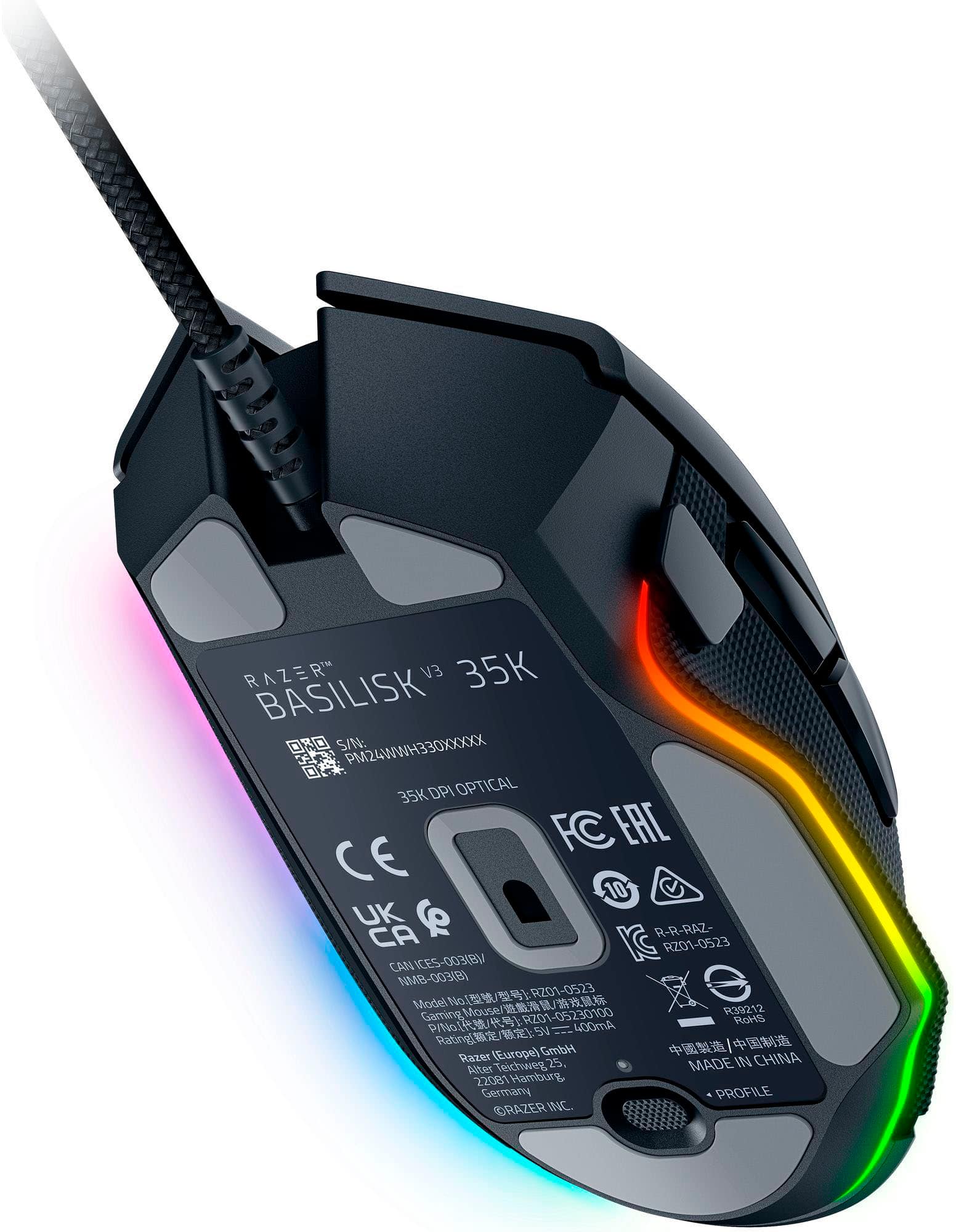 Razer R V3 35K Basilisk S/N: PM24WWH330XXXXXX 35K DPI Optical FC EAL E 10 UK CA R-R-RAZ- CAN ICES -003(8) RZ01-0523 NMB-003(B) e 2 ) RZ01-0523 Model No UN samingMouse// Mouse R39212 Gaming 201-05230100 RZ01-0523 Razer (Europe) IN CHINA pller Teichweg 25 MADE 22081 Hamburg, Germany PROFILE CRAZER INC.