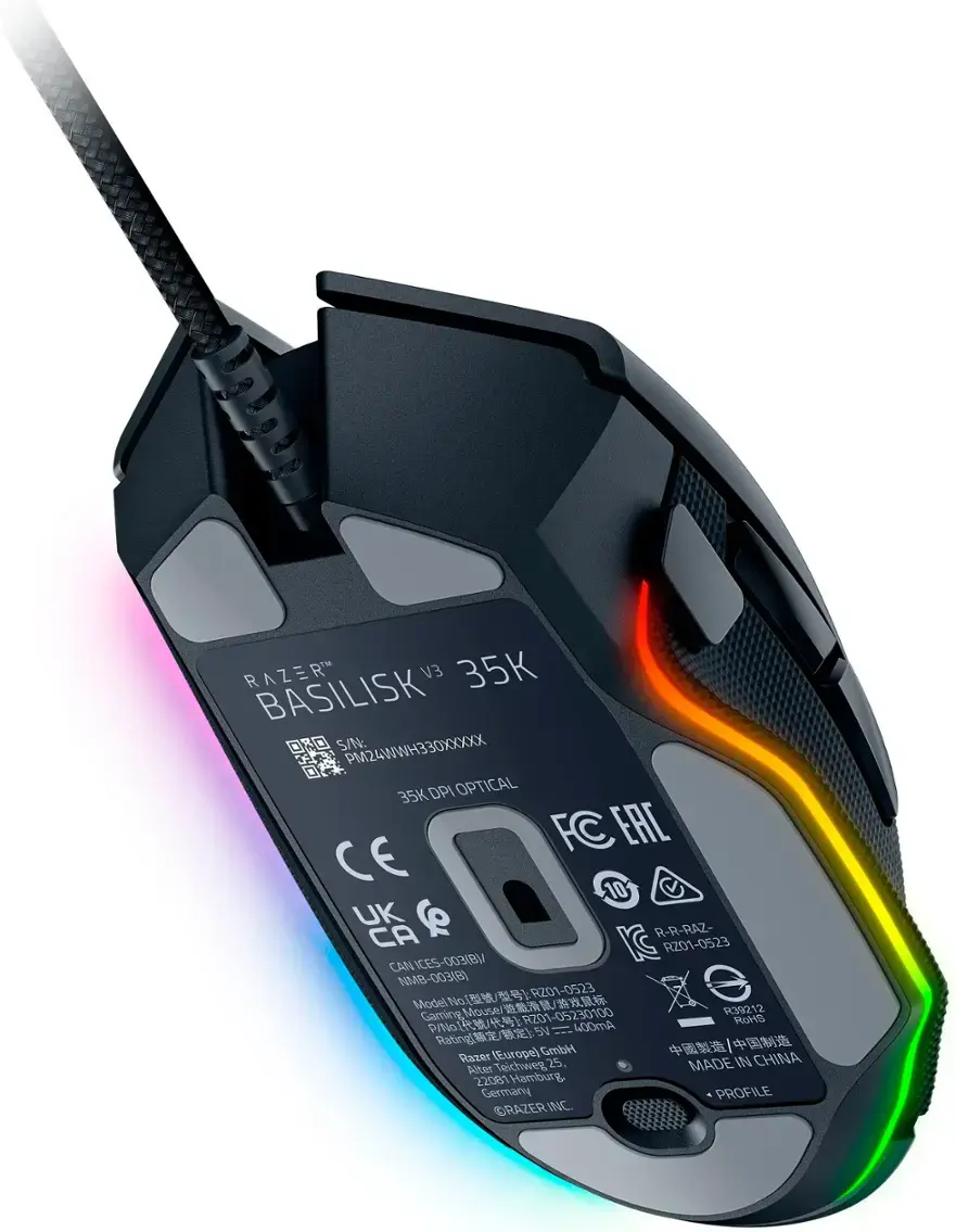 Razer R V3 35K Basilisk S/N: PM24WWH330XXXXXX 35K DPI Optical FC EAL E 10 UK  CA R-R-RAZ- CAN ICES -003(8)  RZ01-0523 NMB-003(B) e  2 ) RZ01-0523 Model No UN  samingMouse// Mouse  R39212 Gaming 201-05230100 RZ01-0523 Razer (Europe) IN CHINA pller Teichweg 25 MADE 22081 Hamburg, Germany PROFILE CRAZER INC.