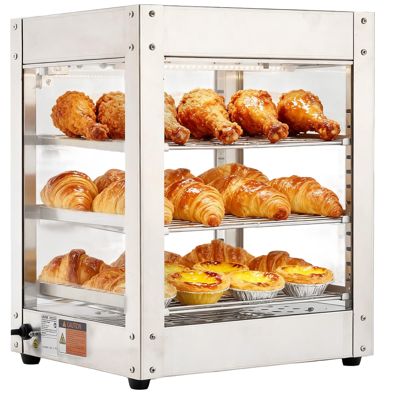 VEVOR - 3-Tier Commercial Food Warmer Display, 800W Food Display Warmer with LED Light, Adjustable Shelf and Stainless Steel - Stainless steel color