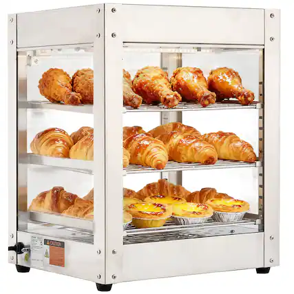 Front. VEVOR - 3-Tier Commercial Food Warmer Display, 800W Food Display Warmer with LED Light, Adjustable Shelf and Stainless Steel - Stainless steel color.