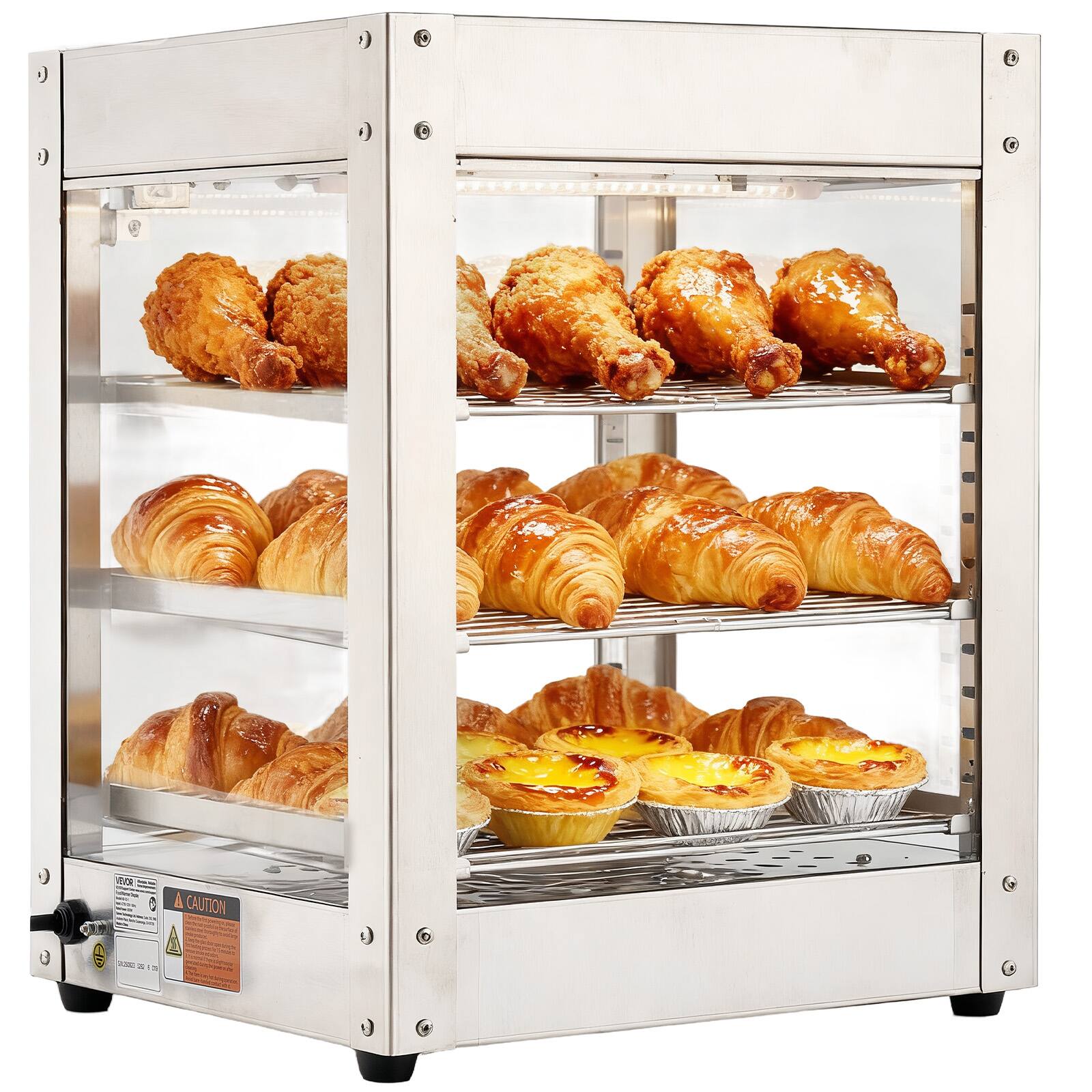Front. VEVOR - 3-Tier Commercial Food Warmer Display, 800W Food Display Warmer with LED Light, Adjustable Shelf and Stainless Steel - Stainless steel color.
