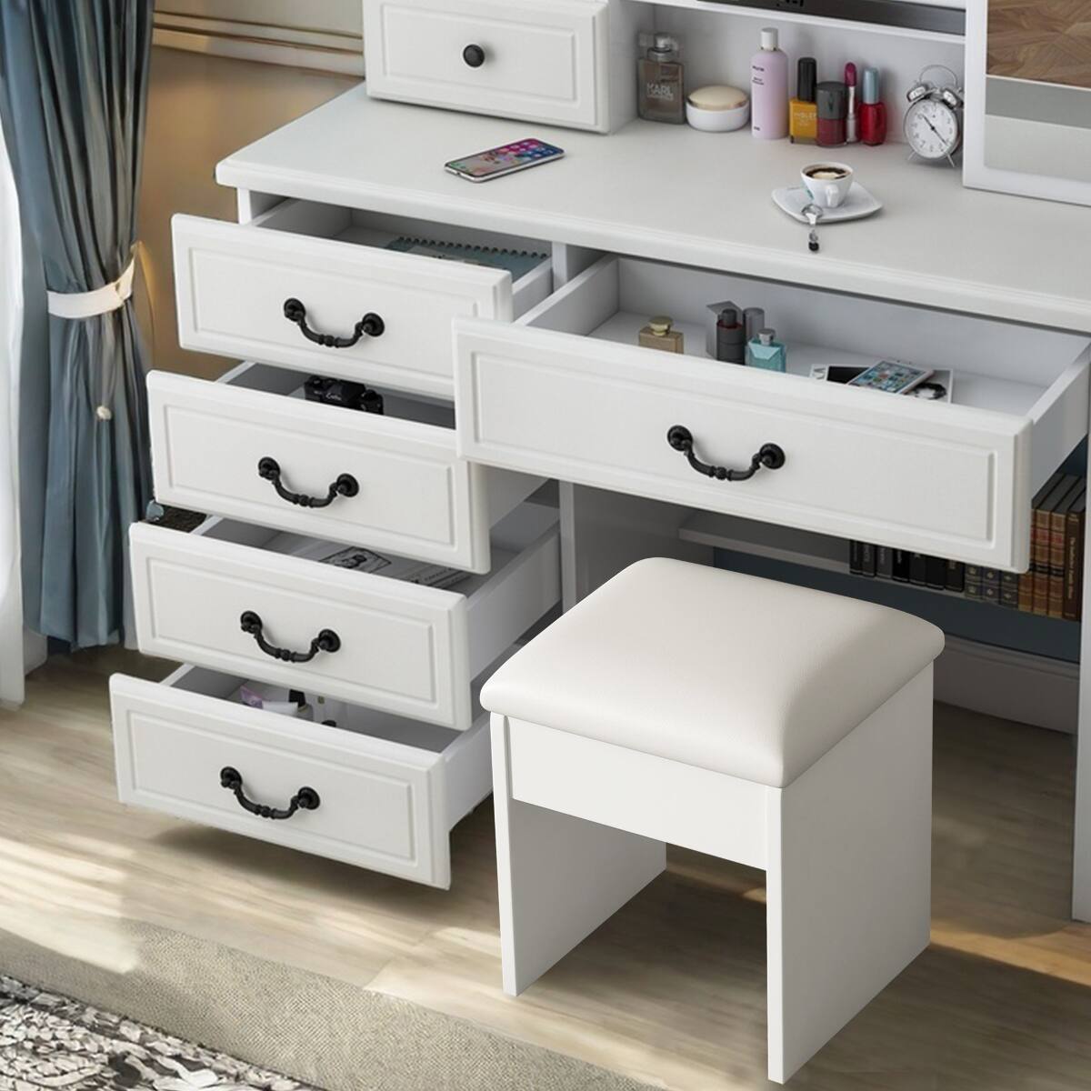 Loheer Makeup Vanity Desk with Large Mirror, Adjustable LED Lights and ...