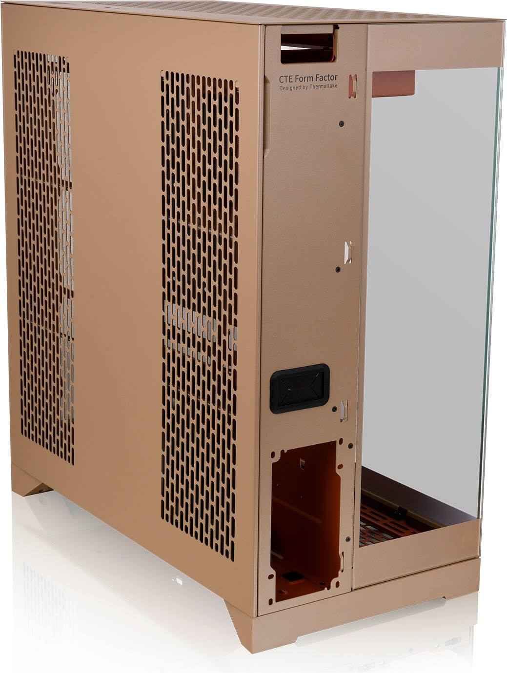The image features a brown computer tower with a glass window on the side. The text on the image reads "TE Form Factor Designed by Thermaltake."