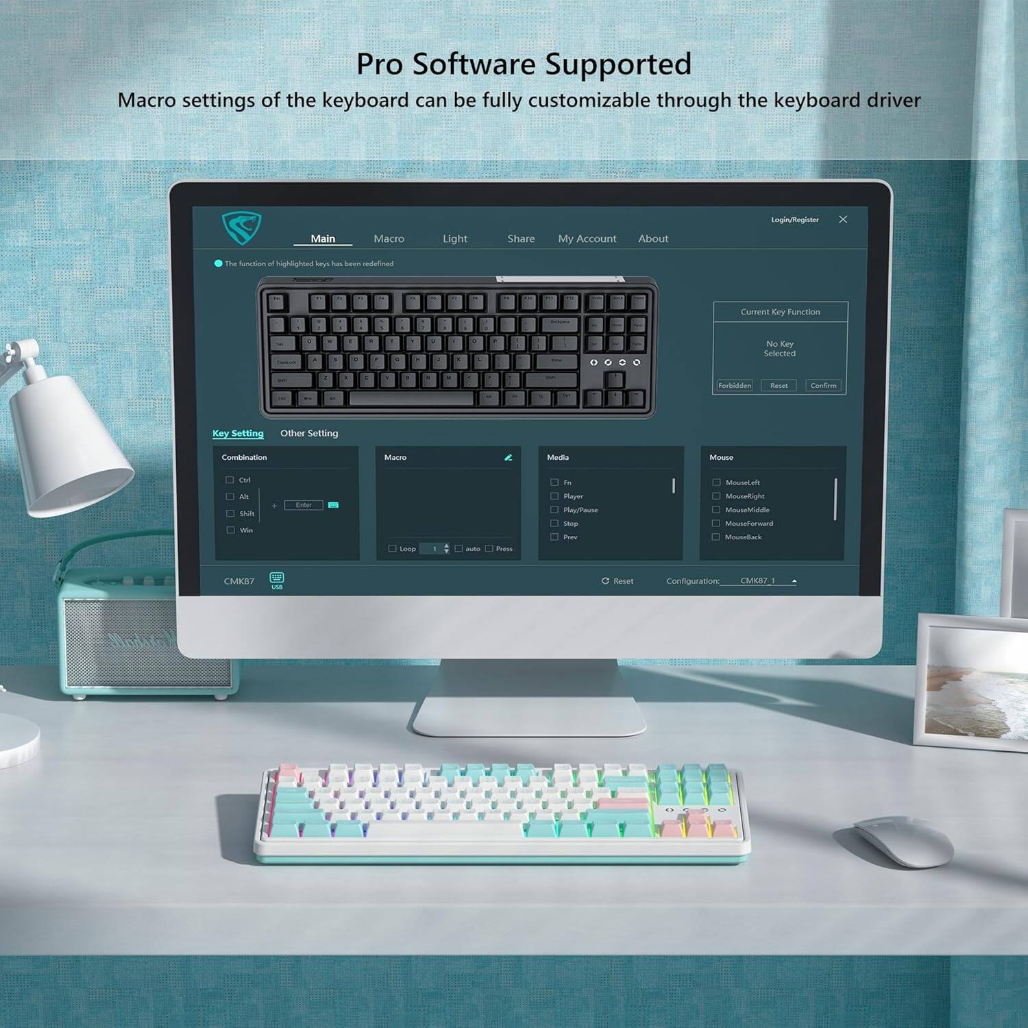 Pro Software Supported  
Macro settings of the keyboard can be fully customizable through the keyboard driver  

Main  
Macro  
Light  
Share  
My Account  
About  
Login/Register  

Key Setting  
Combination  
Ctrl  
Alt  
Shift  
Enter  

Other Setting  
Macro  
Media  
Mouse  

Current Key Function  
No Key Selected  

Mouse  
Mouse Left  
Mouse Right  
Mouse Forward  
Mouse Backward  
Mouse Scroll Up  
Mouse Scroll Down  

Loop  
Auto  
Press  

Reset  
Configuration  
CMK87