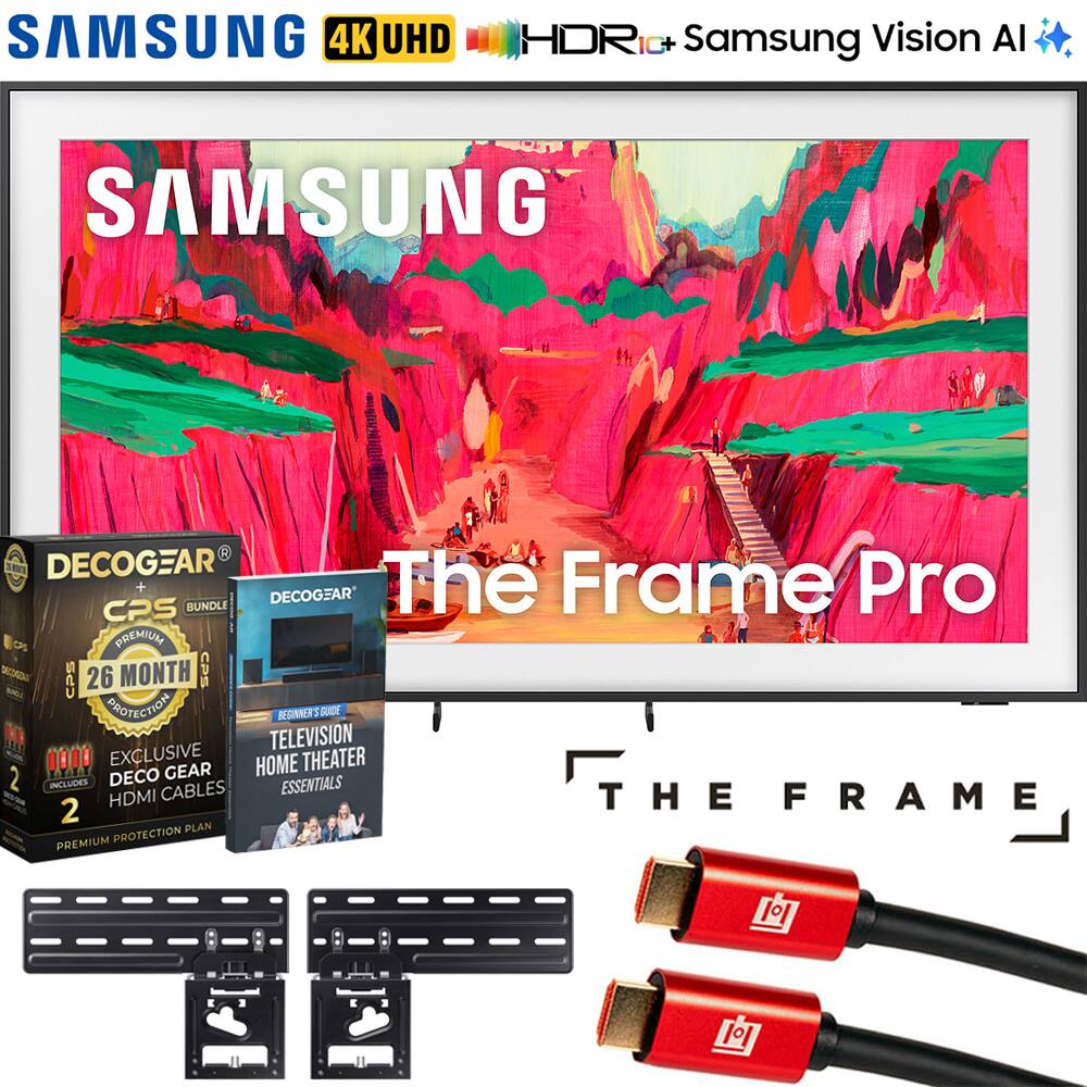 Sure, here is the corrected and grouped text from the image:

---

**SAMSUNG 4K UHD HDR**  
**Samsung Vision AI**

**The Frame Pro**

**DECOCGEAR CPS BUNDLE**  
- **26 MONTH CPS PROTECTION**  
- **EXCLUSIVE HOME THEATER ESSENTIALS**  
- **HDMI CABLES**  
- **THE FRAME 2 PLAN PREMIUM PROTECTION**

**DECOCGEAR**  
- **BUNDLE**  
- **26 MONTH CPS PROTECTION**  
- **EXCLUSIVE HOME THEATER ESSENTIALS**  
- **HDMI CABLES**

**The Frame Pro**

**The Frame**

---