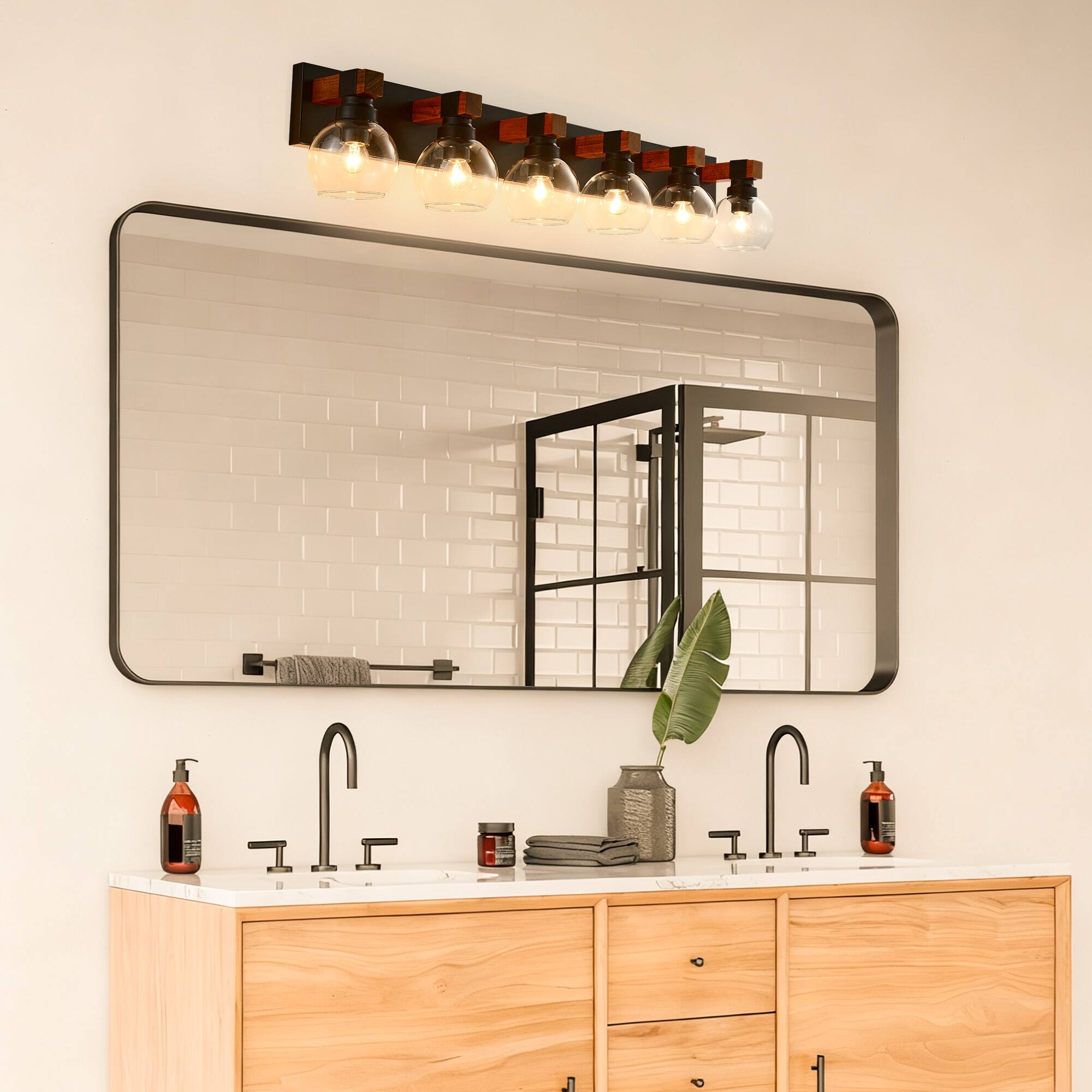 Alt View 2. RYHNUYNE - 6 Light Bathroom Vanity Light Fixtures, Black and Gold Wood Bathroom Light Fixtures Over Mirror, Farmhouse Wall Sconces - Black and Gold.