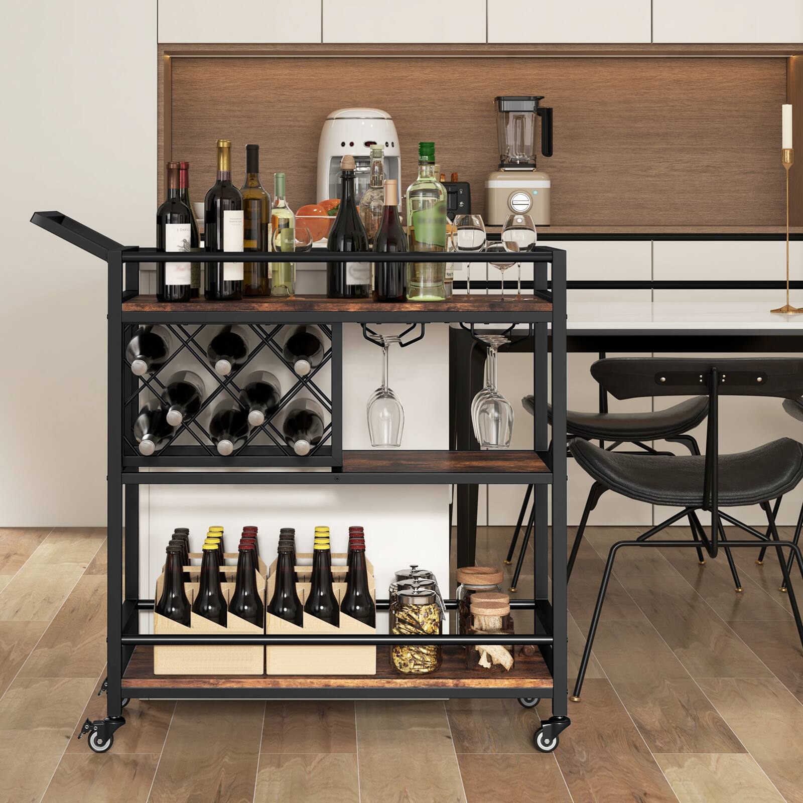 Alt View 8. Ecooso - 3-tier Bar Cart on Wheels Home Kitchen Serving Cart with Wine Rack and Glasses Holder - Rustic brown.