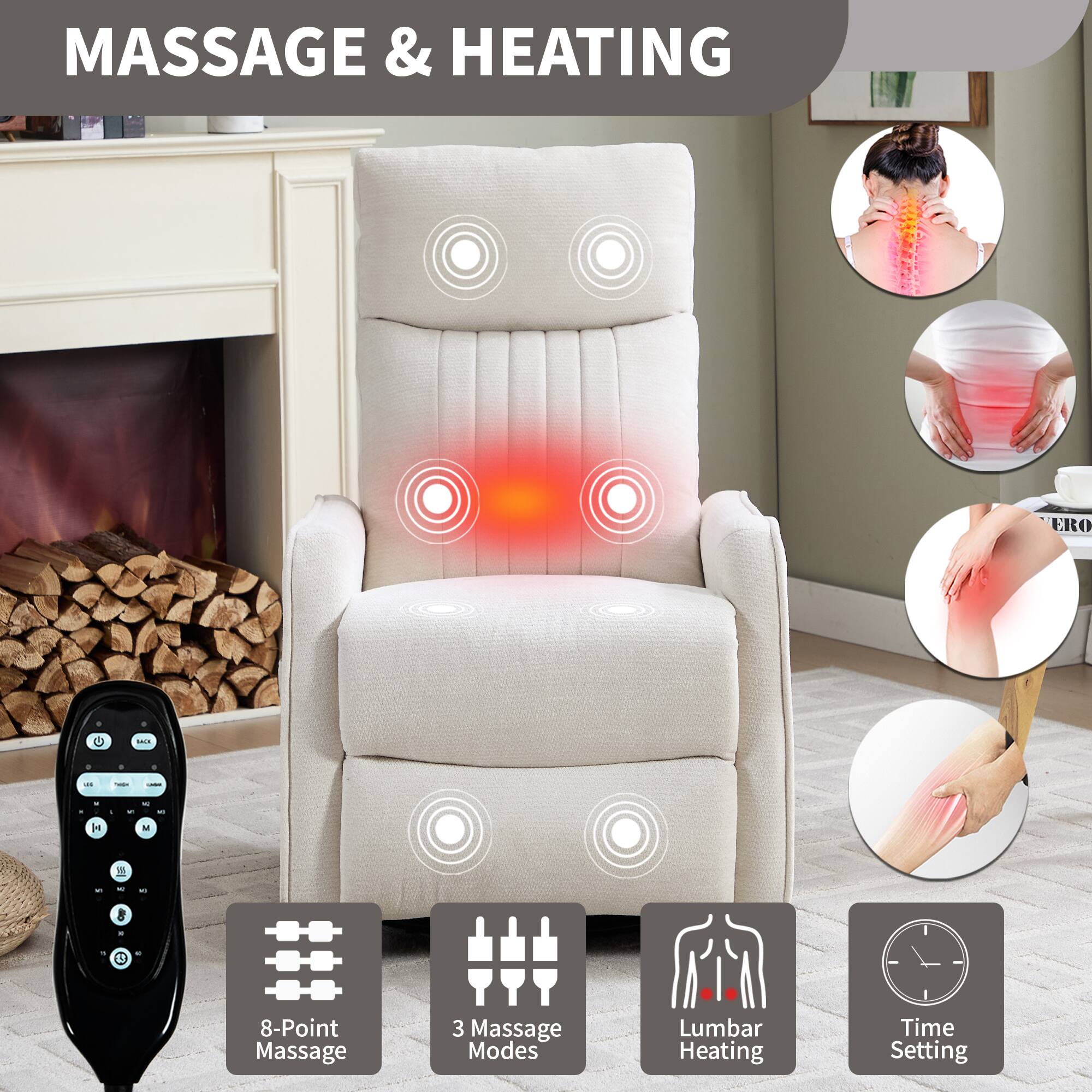 MASSAGE & HEATING

8-Point Massage  
3 Massage Modes  
Lumbar Heating  
Time Setting