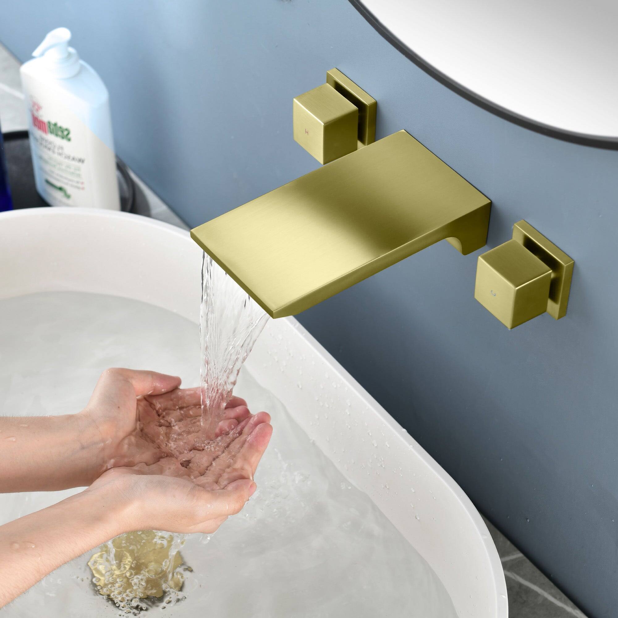 Alt View 2. Boyel Living - Brushed Gold Wall Mount Faucet SUS304 Waterfall Spout Brass Body Dual Handle 1/2NPT Thread - Brushed Gold.