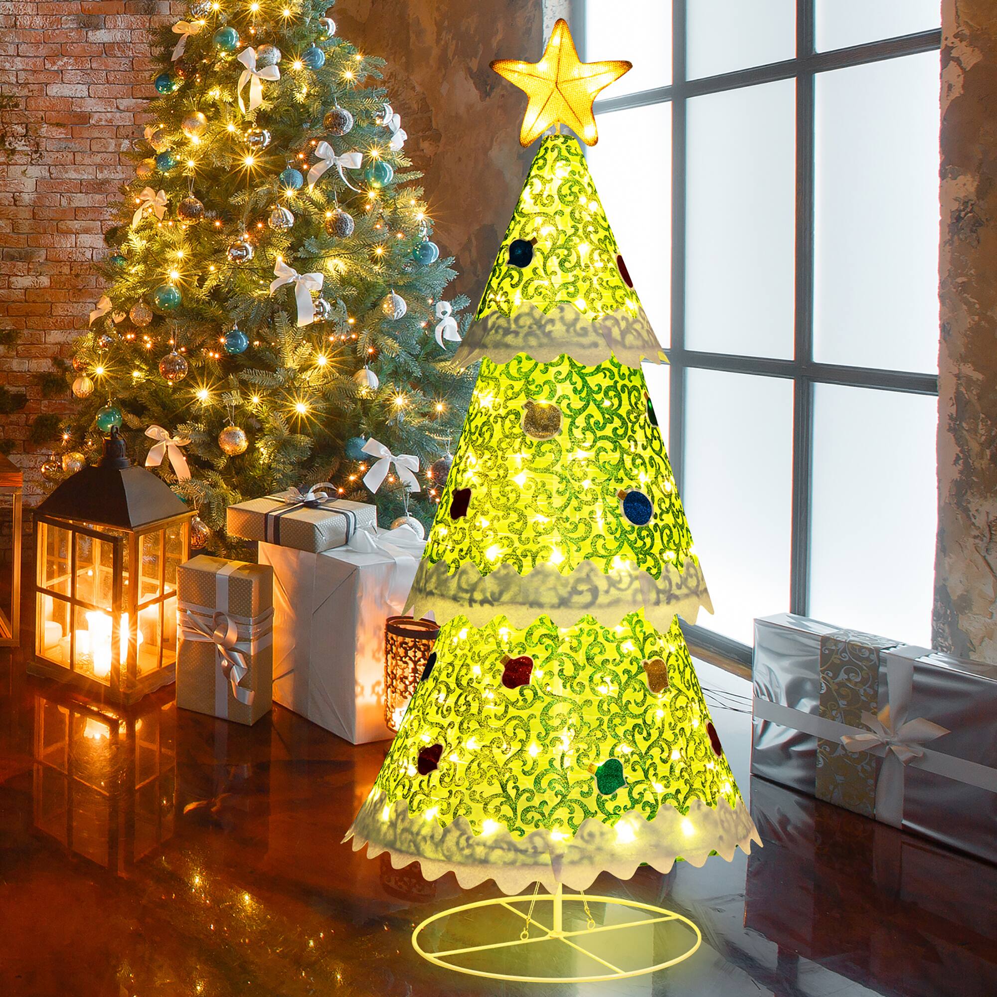 Front. Costway - 4.6 FT Pop-up Christmas Tree w/ 110 Warm Lights Pre-Lit Christmas Decoration - Green.