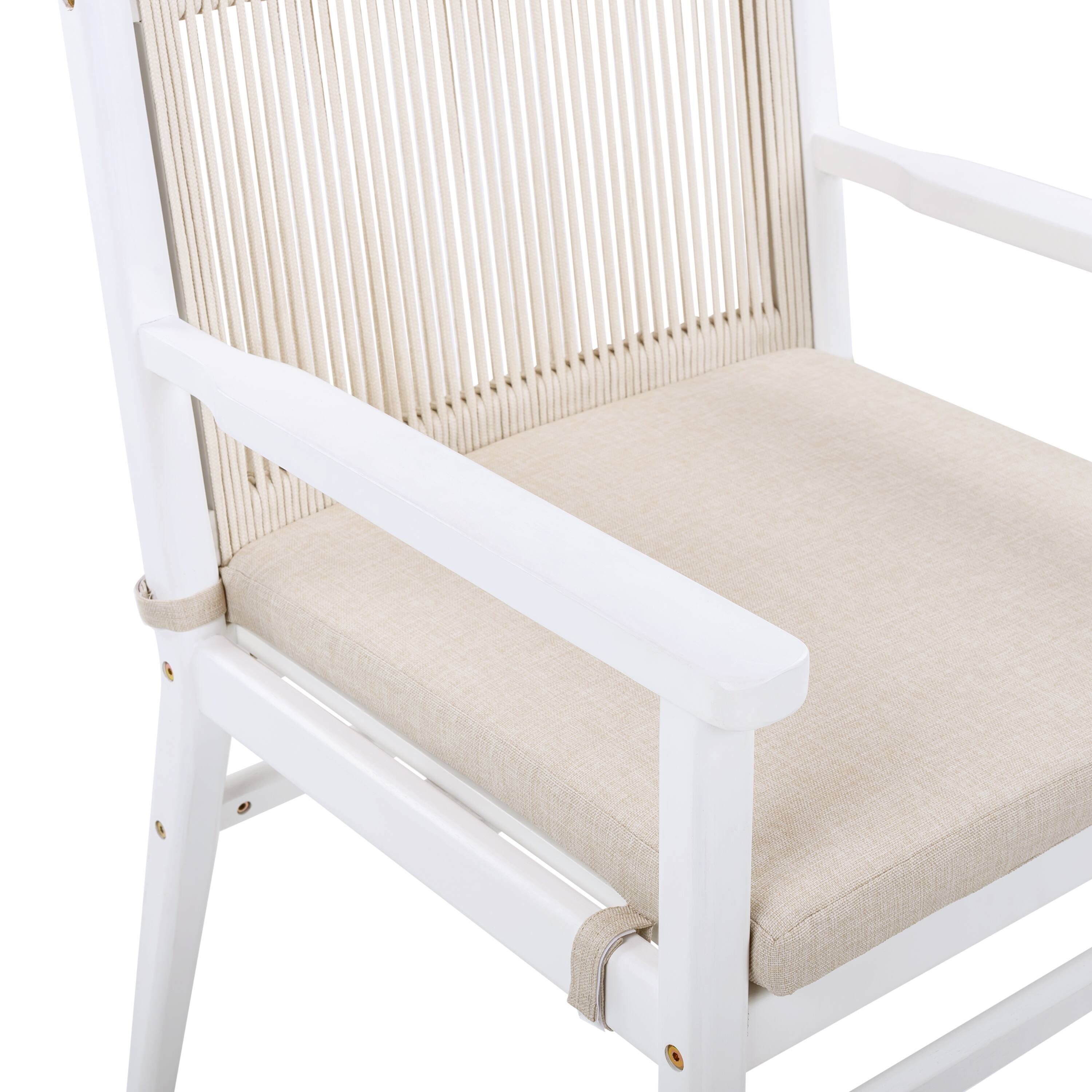 Alt View 4. Mondawe - Set of 2 Acacia Wood Patio Armchair with Rope Design Back and Water Repellent Cushion - Beige+White.