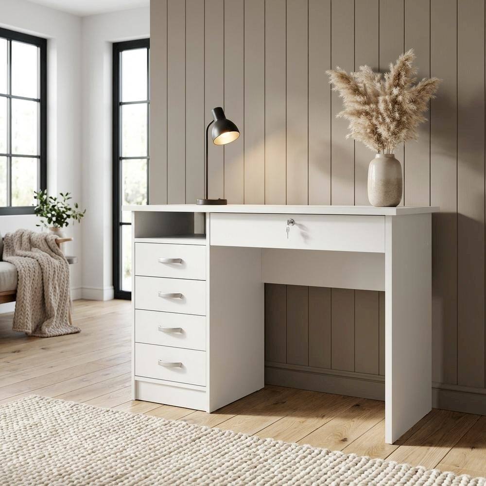 Alt View 1. FurniFact - Elegant White Computer Desk Featuring Five Drawers and Open Shelf Design - White.