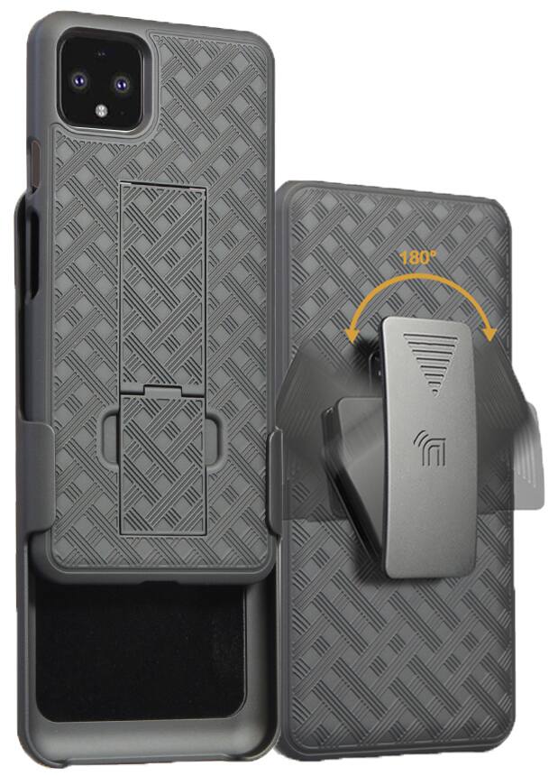 Front. Nakedcellphone - Case with Stand and Belt Clip Holster for Google Pixel 4 - Black.