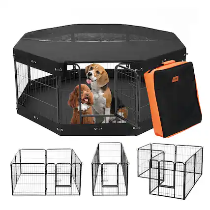 Front. VEVOR - Dog Playpen, 8 Pcs 24 x 24 in Panels Foldable Metal Pet Exercise Pen, Dog Fence Indoor and Outdoor Pen with Door.
