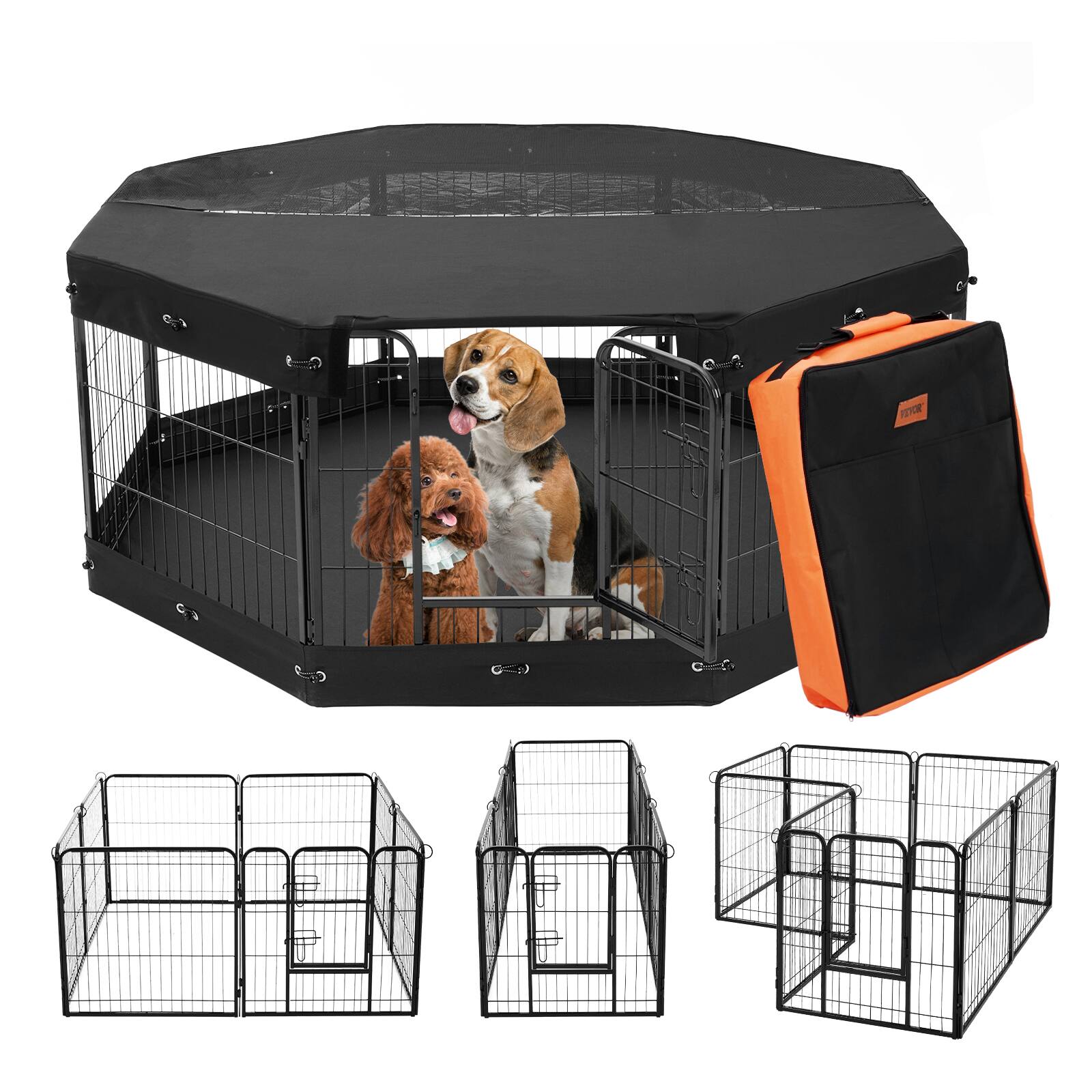Front. VEVOR - Dog Playpen, 8 Pcs 24 x 24 in Panels Foldable Metal Pet Exercise Pen, Dog Fence Indoor and Outdoor Pen with Door.