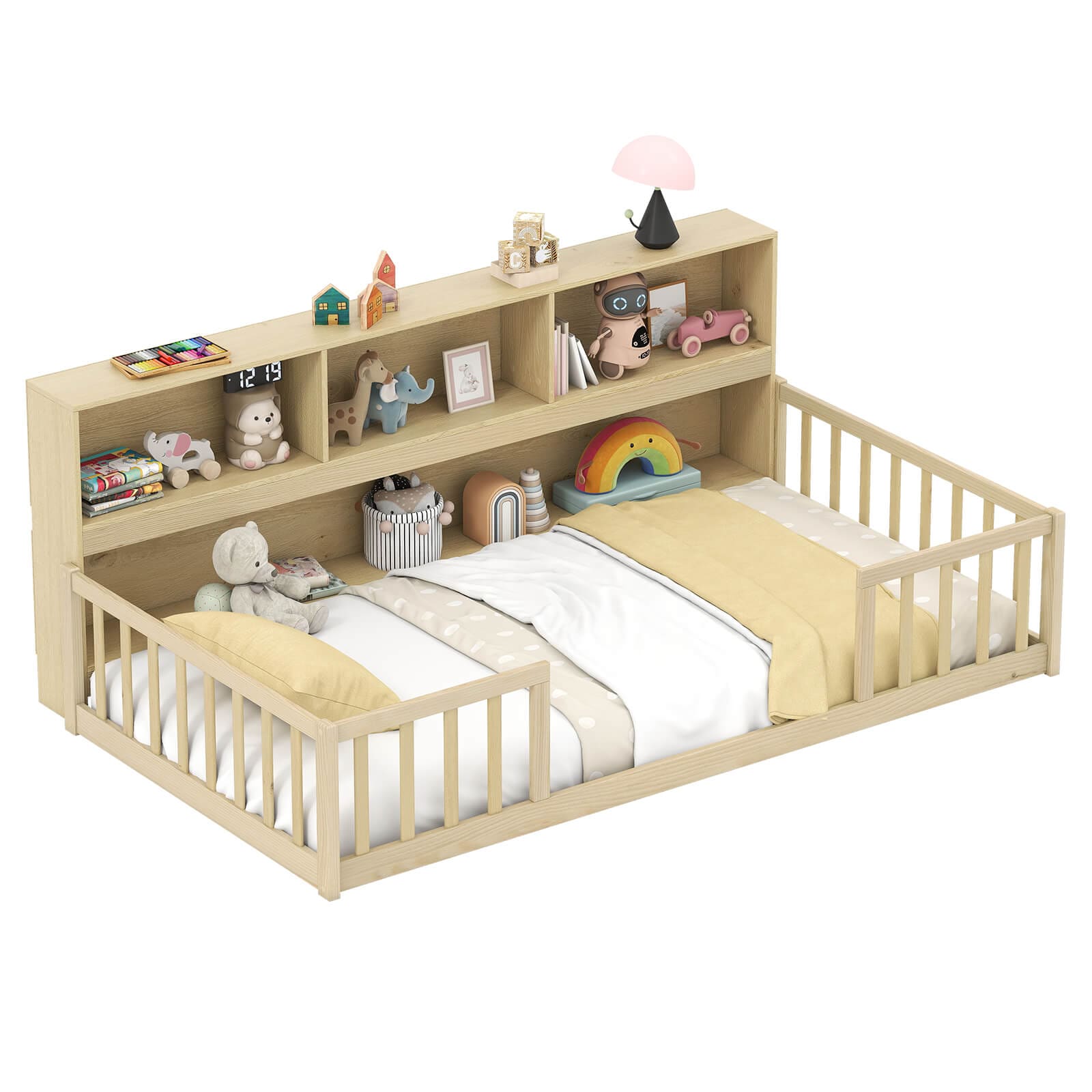 Costway - Twin Size Montessori Floor Bed with Bookcase Storage Shelves & Safety Fence Rails - Natural price history on PriceWatchPro