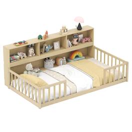 Costway - Twin Size Montessori Floor Bed with Bookcase Storage Shelves & Safety Fence Rails - Natural