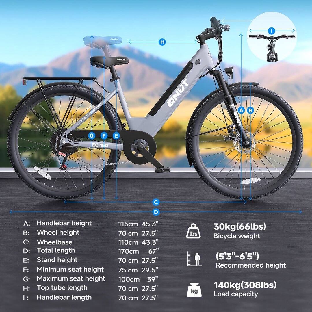 A: Handlebar height - 115cm 45.3"  
B: Wheel height - 70 cm 27.5"  
C: Wheelbase - 110cm 43.3"  
D: Total length - 170cm 67"  
E: Stand height - 70 cm 27.5"  
F: Minimum seat height - 75 cm 29.5"  
G: Maximum seat height - 100cm 39"  
H: Top tube length - 70 cm 27.5"  
I: Handlebar length - 70 cm 27.5"  

30kg(66lbs) Bicycle weight  
(5'3"-6'5") Recommended height  
140kg(308lbs) Load capacity