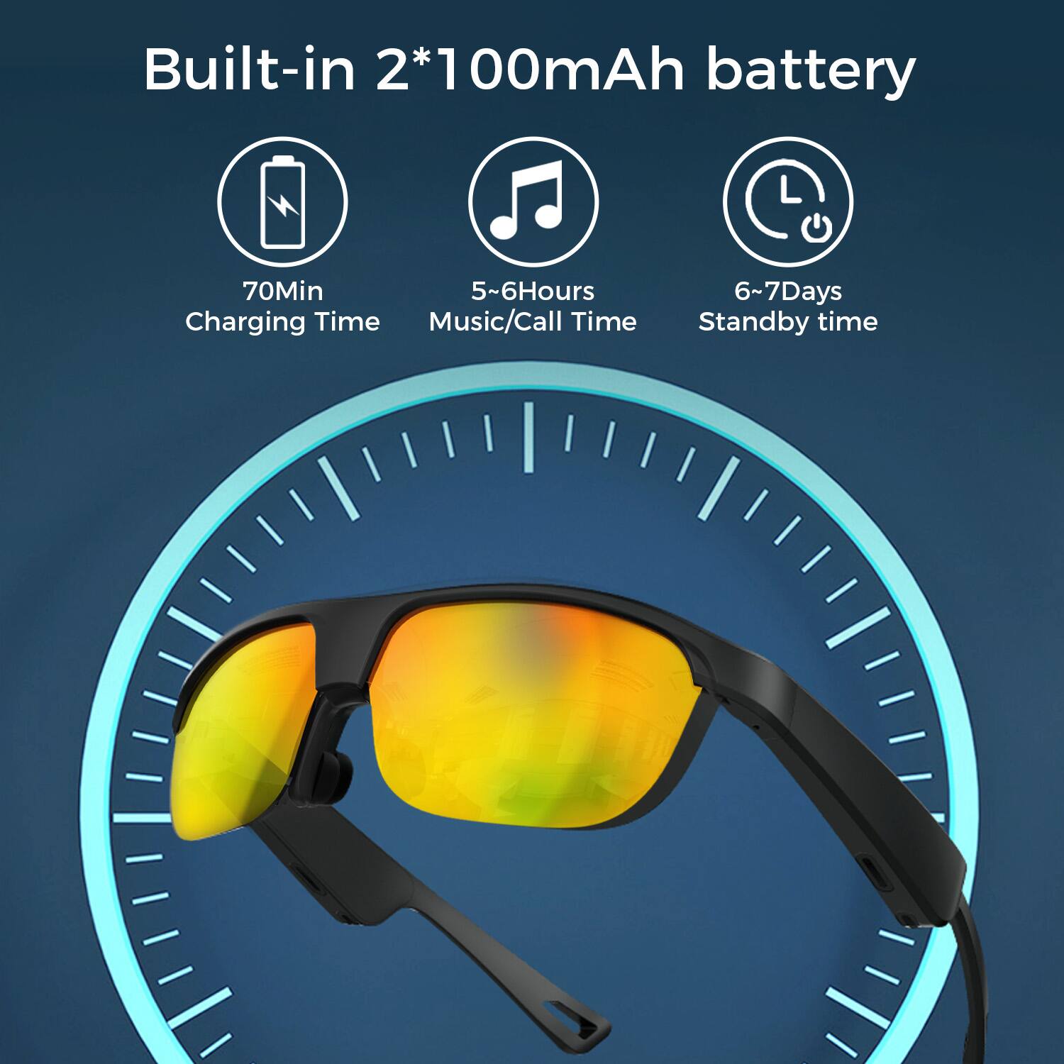 Built-in 2*100mAh battery

- 70Min Charging Time
- 5~6Hours Music/Call Time
- 6~7Days Standby time