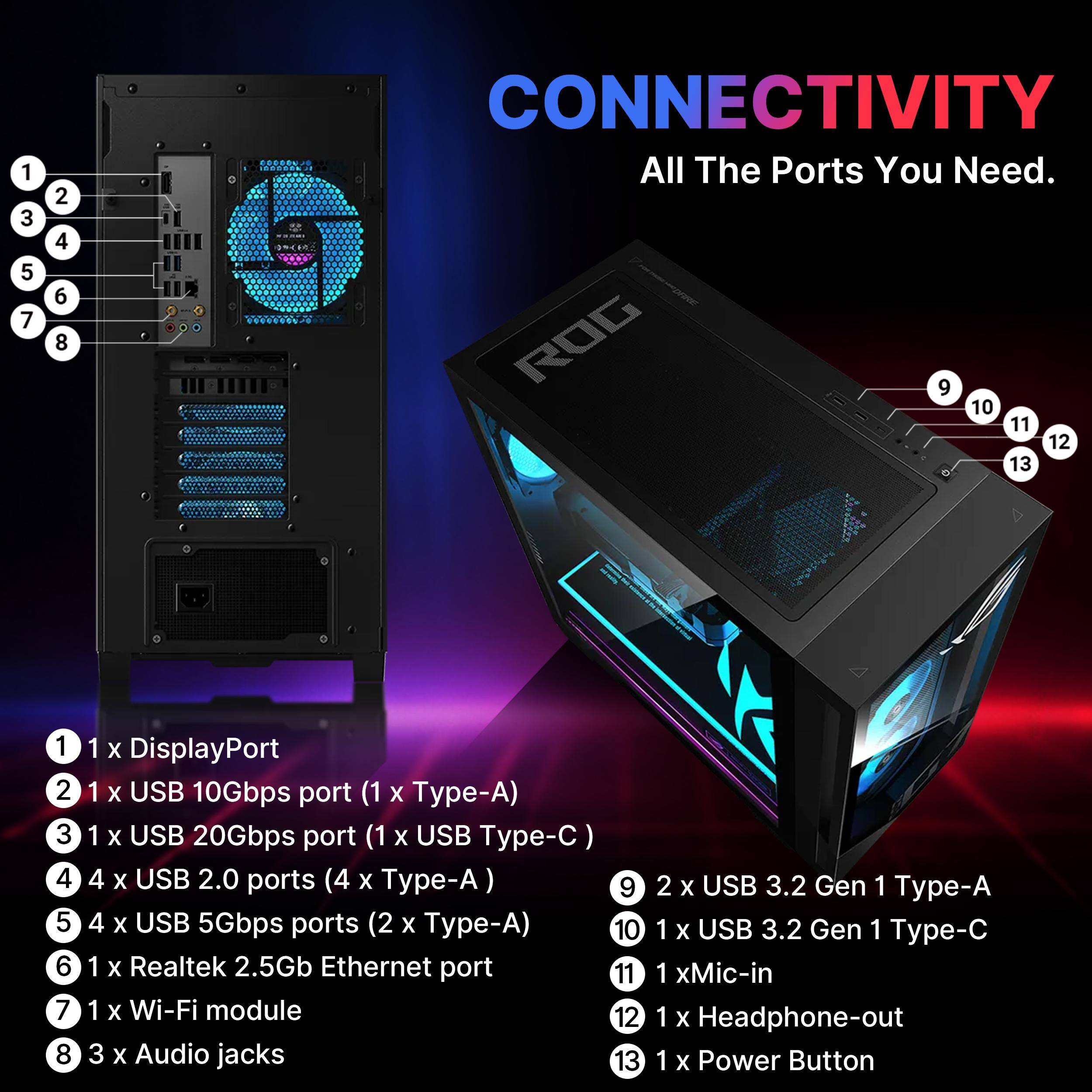 1 3 5 7  
2 4 6 8  
CONNECTIVITY All The Ports You Need.  
1 X DisplayPort  
2 X USB 10Gbps port (1 X Type-A)  
3 X USB 20Gbps port (1 X USB Type-C)  
4 X USB 2.0 ports (4 X Type-A)  
5 X USB 5Gbps ports (2 X Type-A)  
6 X Realtek 2.5Gb Ethernet port  
7 X Wi-Fi module  
8 X Audio jacks  
9 X Power Button