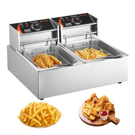 VEVOR - Commercial Deep Fryer, Dual Tank 3000W Electric Countertop Fryer with Basket, 2 x 9.1Qt/8.6L Double Stainless Steel Oil - Silver;Black