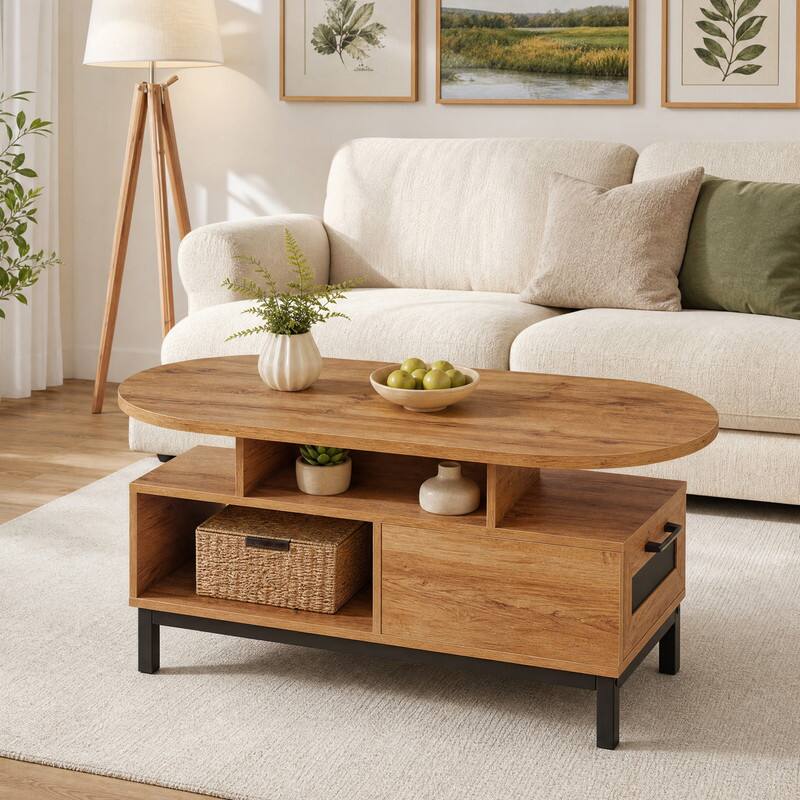 Angle. WELLFOR - 47" Oval Coffee Table with Drawer & Open Compartments, Center Table Cocktail Tea Table for Living Room - Natural.